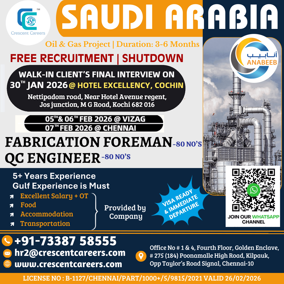 FREE RECRUTMENT - FABRICATION FOREMAN / QC ENGINEER FREE RECRUTMENT - FABRICATION FOREMAN / QC ENGINEER