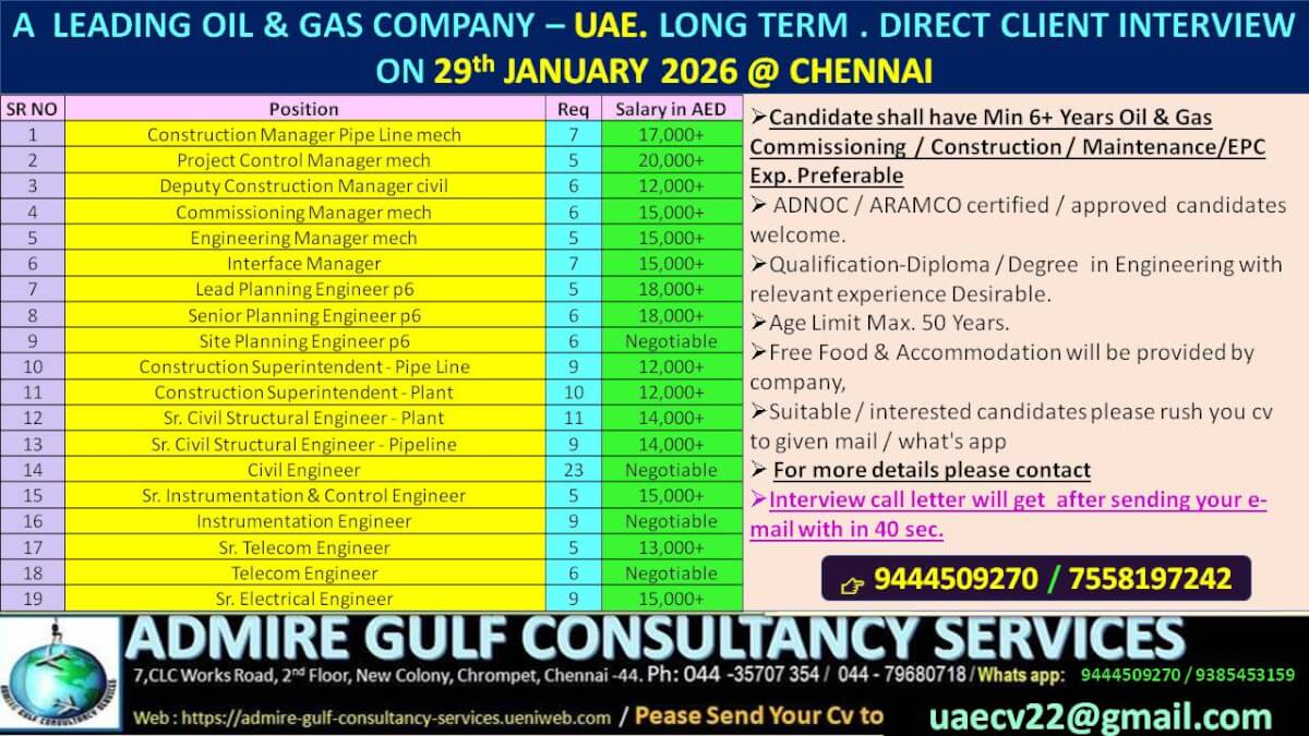 A  LEADING OIL & GAS COMPANY -UAE . LONG TERM DIRECT CLIENT INTERVIEW ON 29th JANUARY 2026 @ CHENNAI