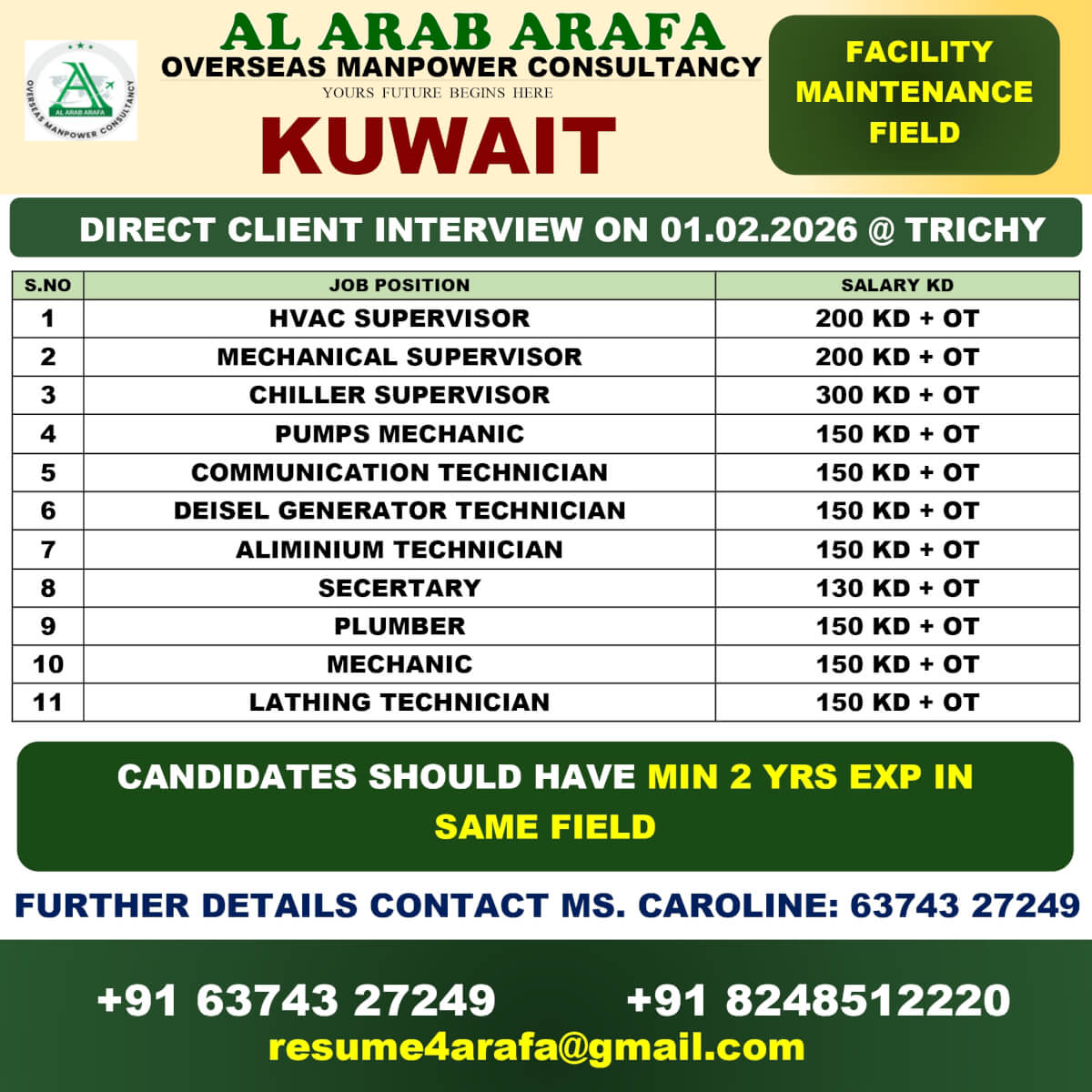 DIRECT CLIENT INTERVIEW ON 0I.02.2026 @ TRICHY