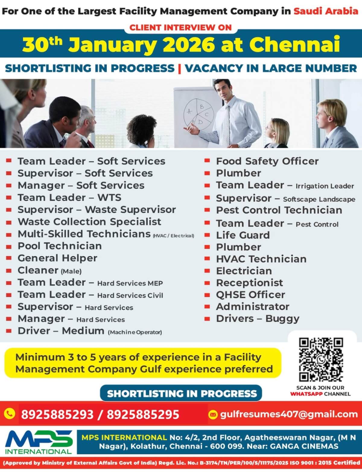 For One of the Largest Facility Management Company in Saudi Arabia CLIENT INTERVIEW ON 30.01.2026 AT Chennai