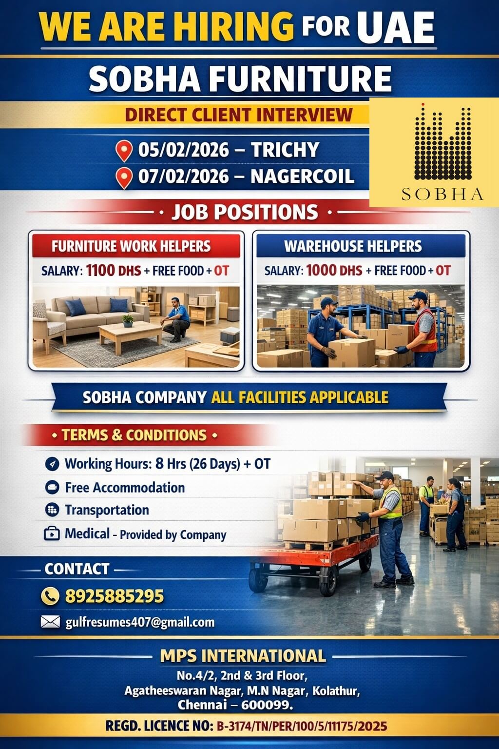 WE ARE HIRING FOR UAE SOBHA FURNITURE DIRECT CLIENT INTERVIEW ON 05/02/2026 AT TRICHY ON 07/02/2026 AT NAGERCOIL