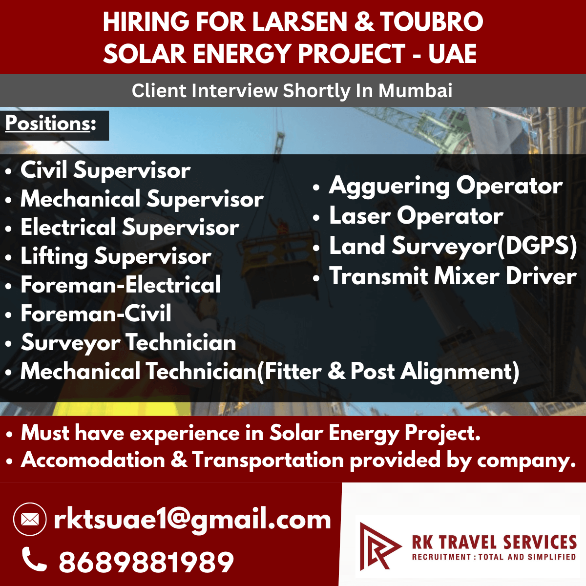 HIRING FOR LARSEN & TOUBRO SOLAR ENERGY PROJECT - UAE HIRING FOR LARSEN & TOUBRO SOLAR ENERGY PROJECT - UAE