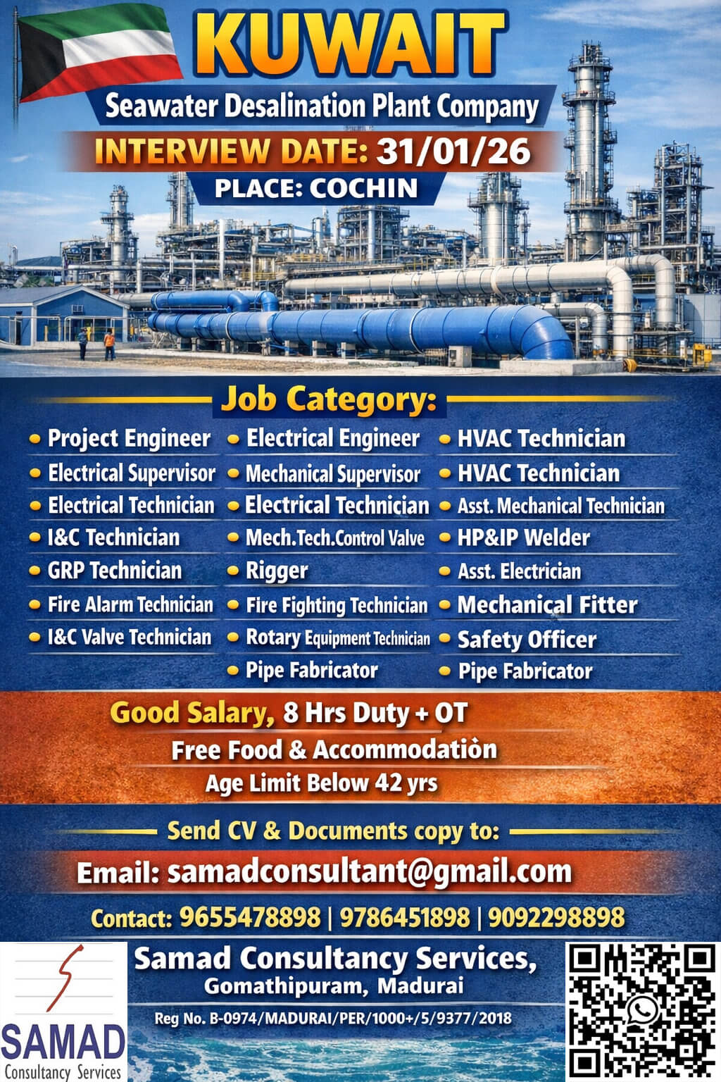 Kuwait-Seawater Desalination Plant, Direct Intervew at Cochin on 31/01/26 (Saturday).