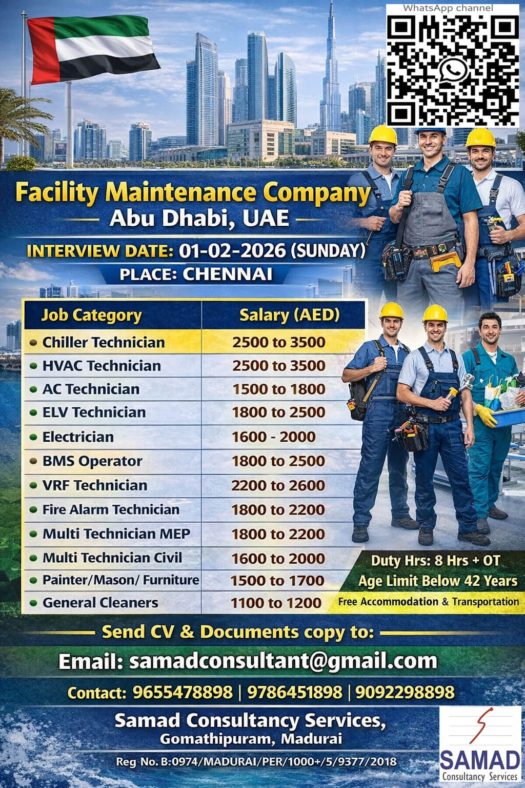 Facility Maintenance Company - Abu Dhabi, UAE, Direct Interview at Chennai on 01-02-2026(Sunday).