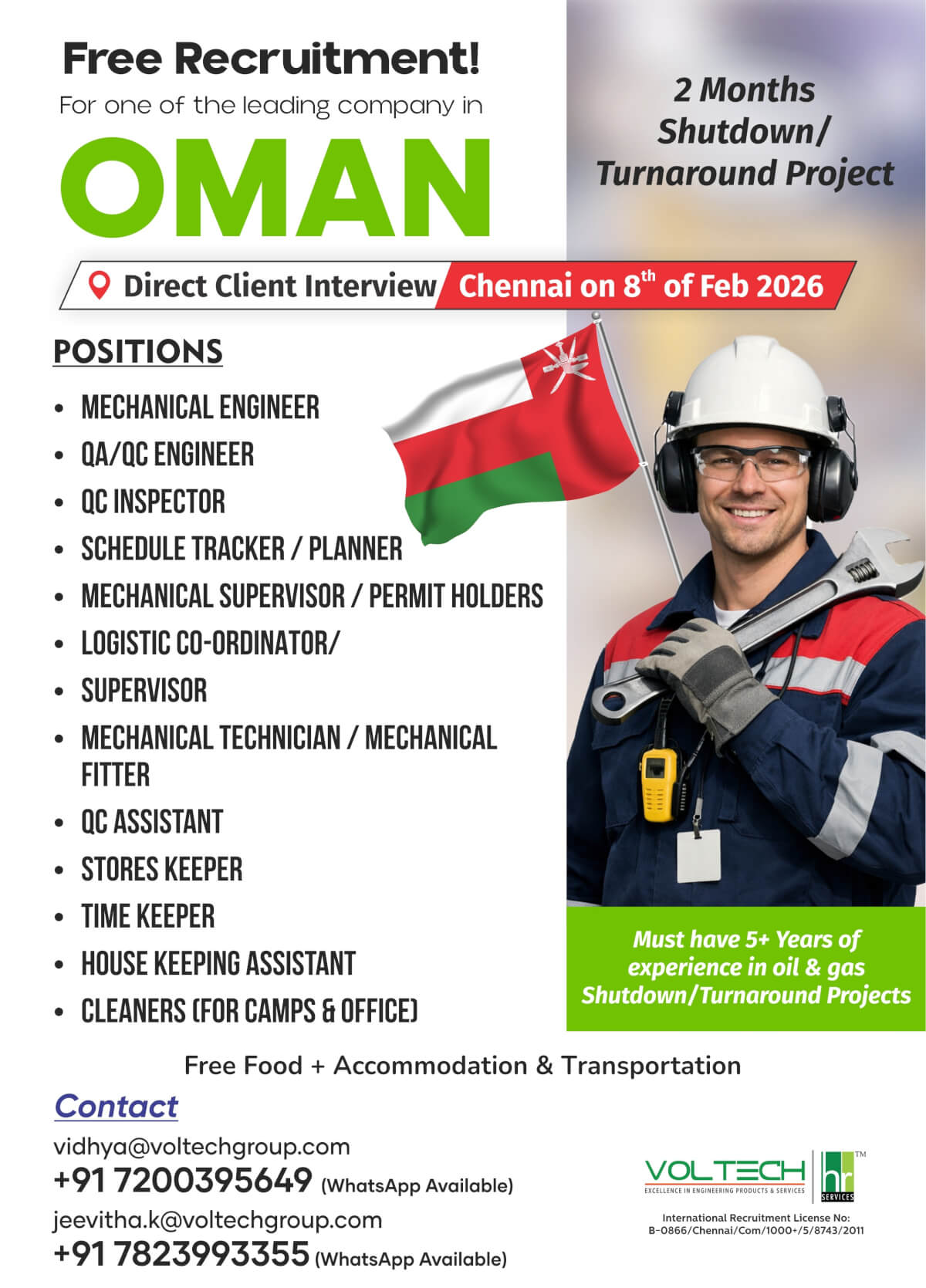 Free Recruitment for one of the leading Company in Oman