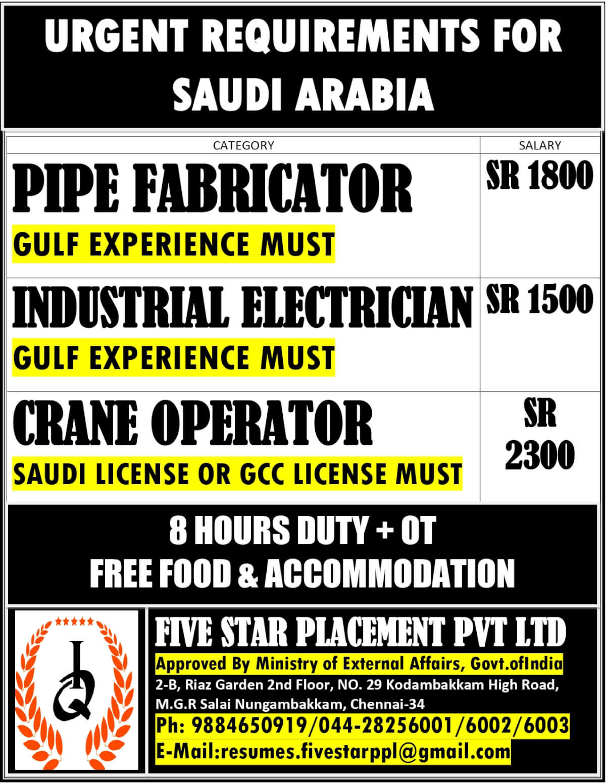 URGENT REQUIREMENT FOR SAUDI ARABIA URGENT REQUIREMENT FOR SAUDI ARABIA
