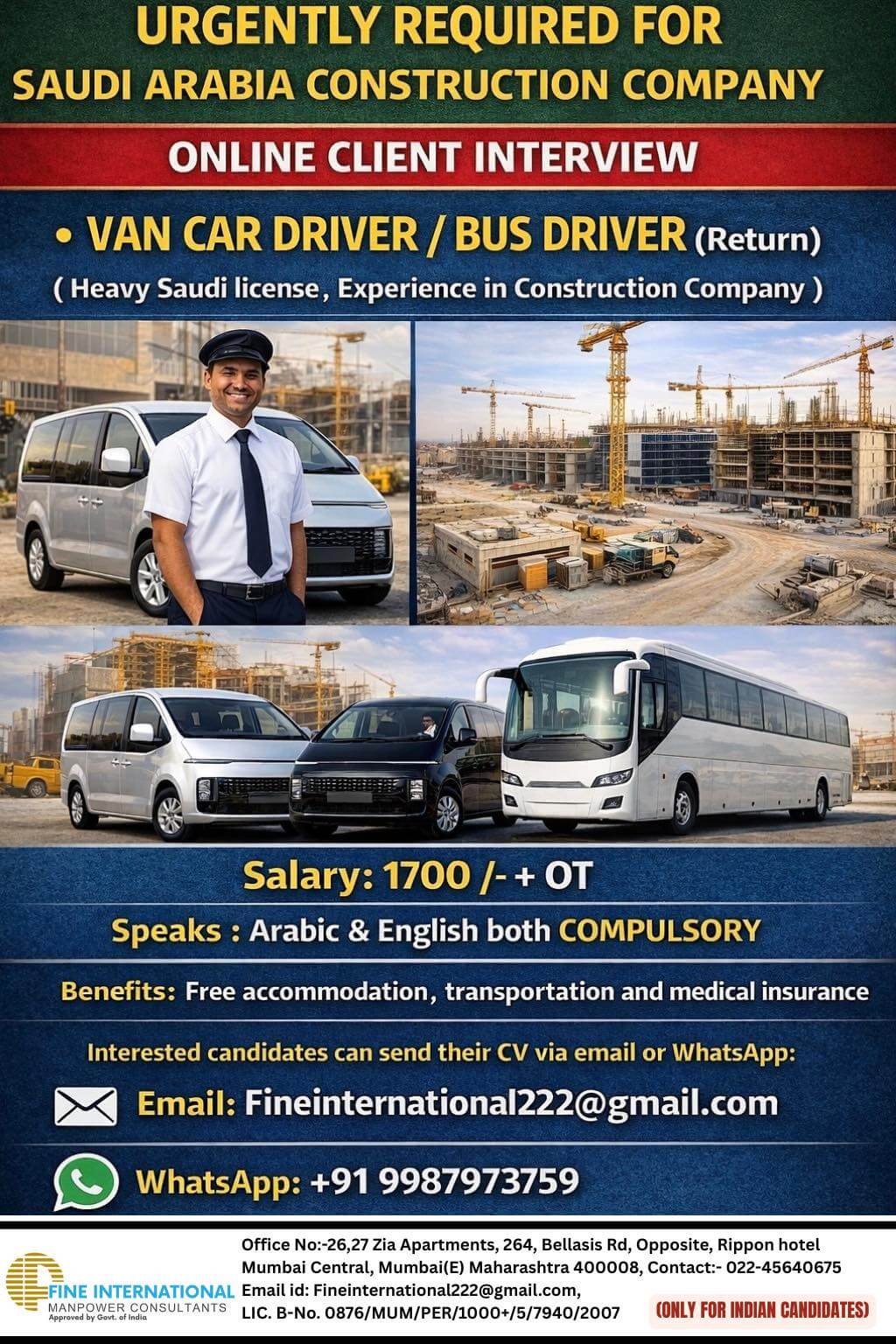 URGENTLY REQUIRED FOR SAUDI ARABIA CONSTRUCTION COMPANY ONLINE CLIENT INTERVIEW • VAN CAR DRIVER / BUS DRIVER (Return)