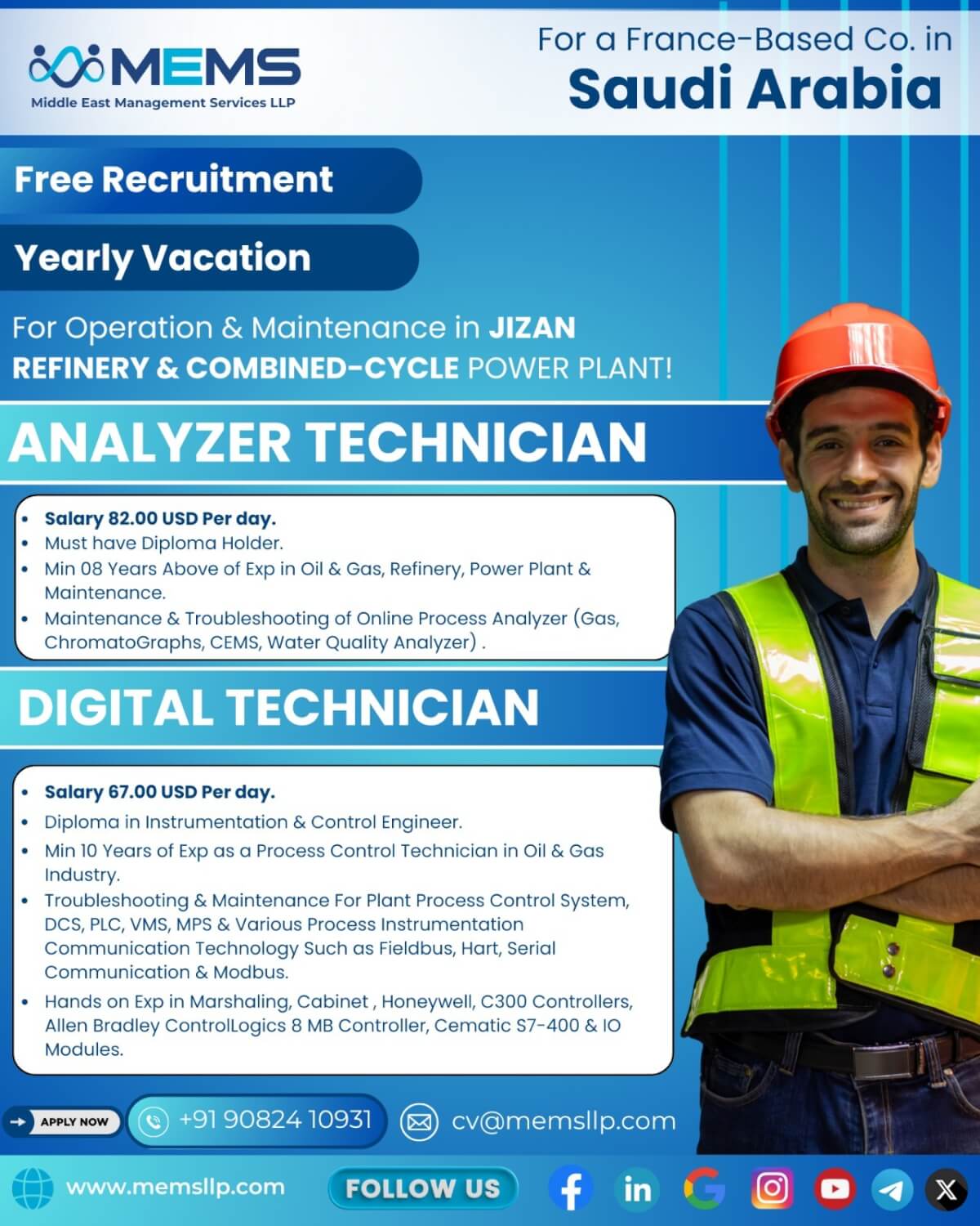 We are hiring for a France Based Company for Refinery & Combined Cycle Power Plant in JIZAN Saudi Arabia We are hiring for a France Based Company for Refinery & Combined Cycle Power Plant in JIZAN Saudi Arabia