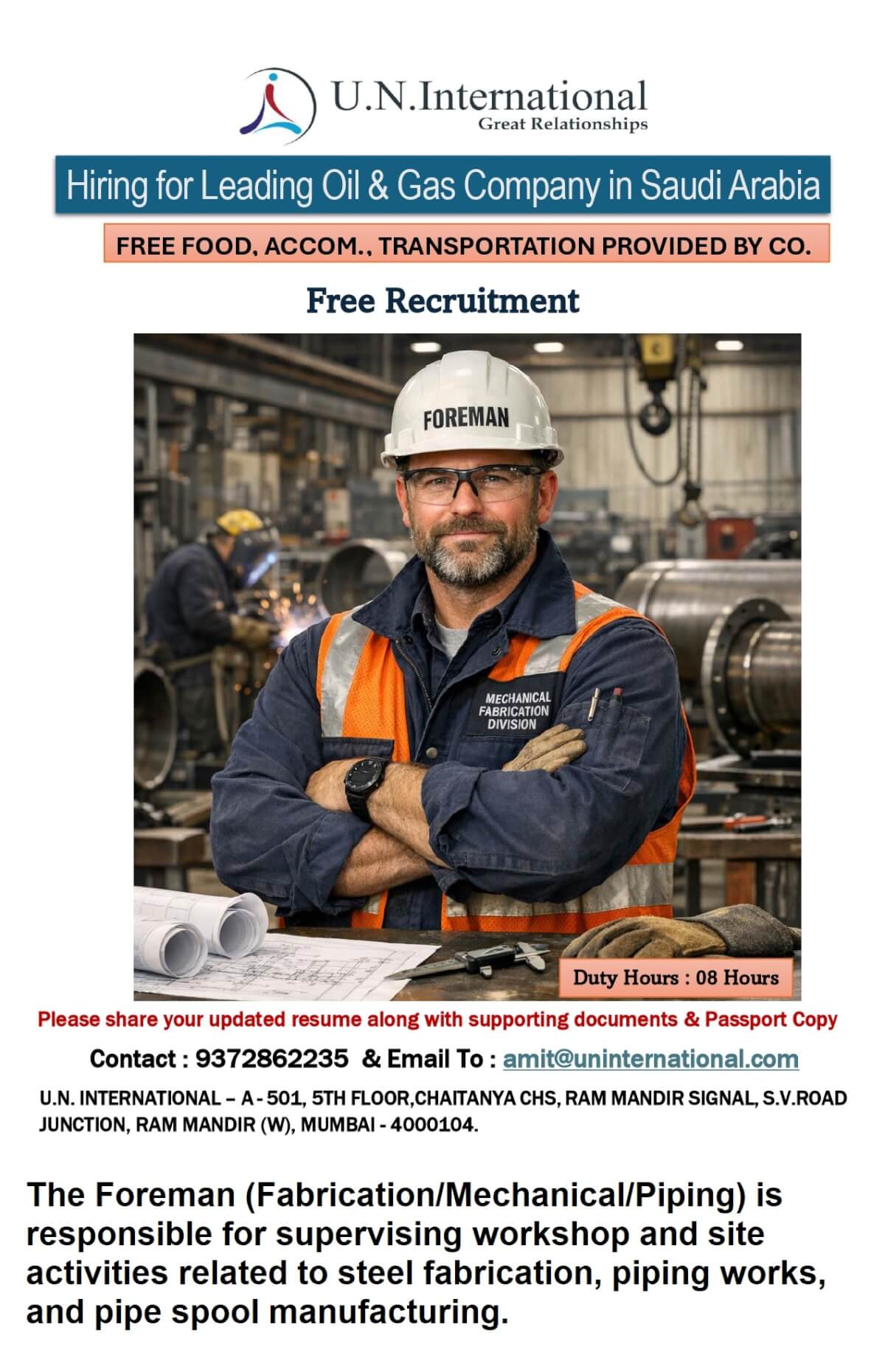 Foreman (Mechanical Fabrication Division) Urgently required for Saudi Arabia Shutdown