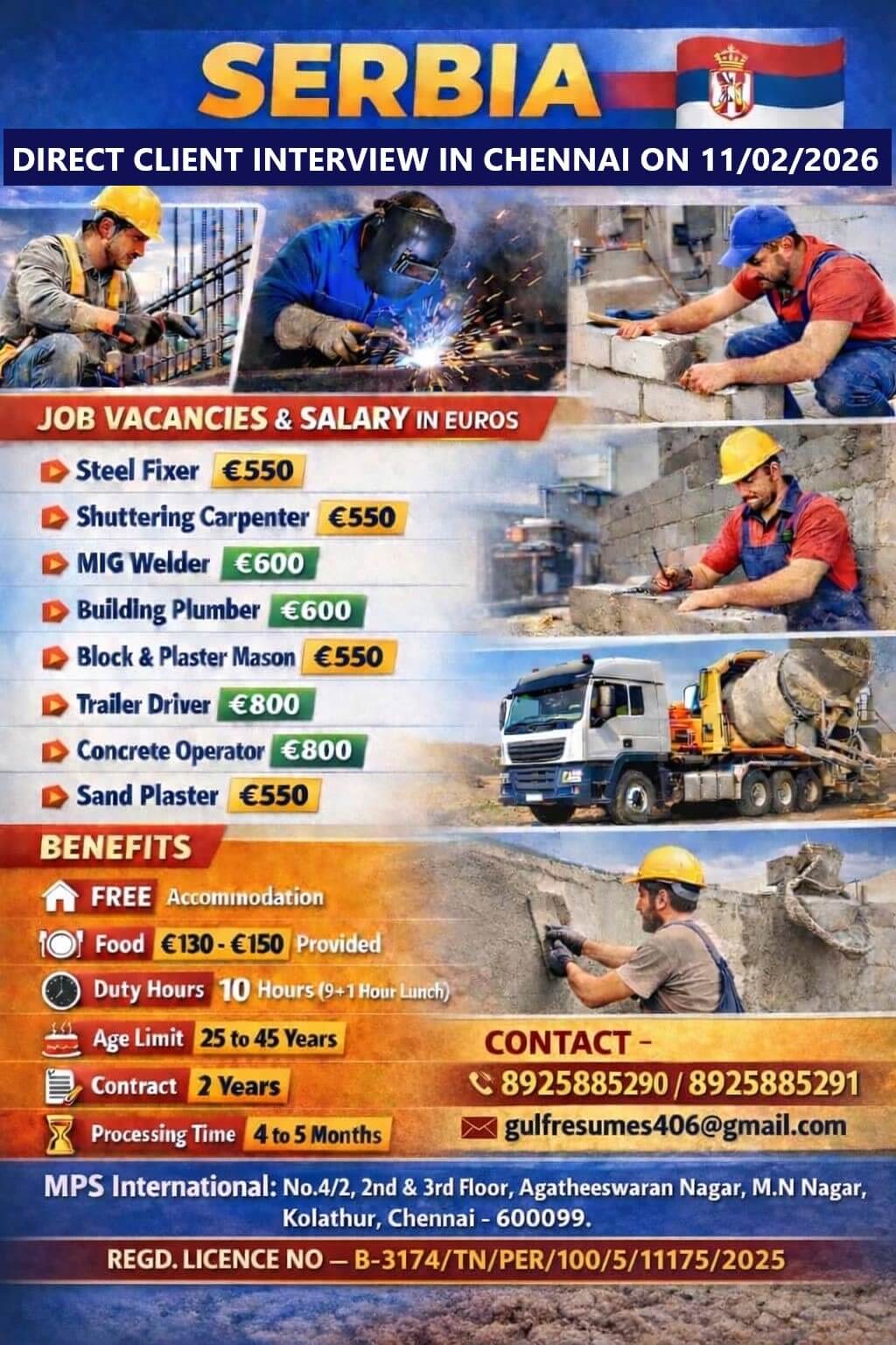 REQUIREMENT FOR SERBIA DIRECT CLIENT INTERVIEW IN CHENNAI ON 11/02/2026