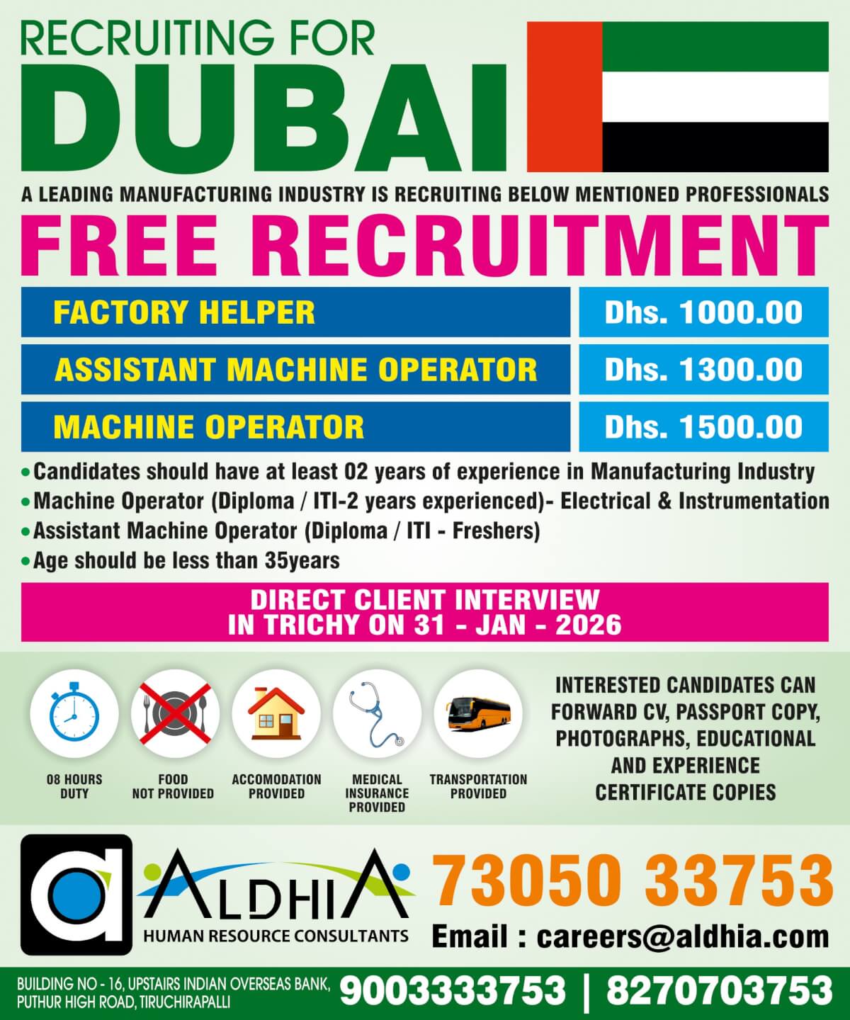 FREE RECRUITMENT - Machine Opertor / Assistant Opertor / Factory Helper