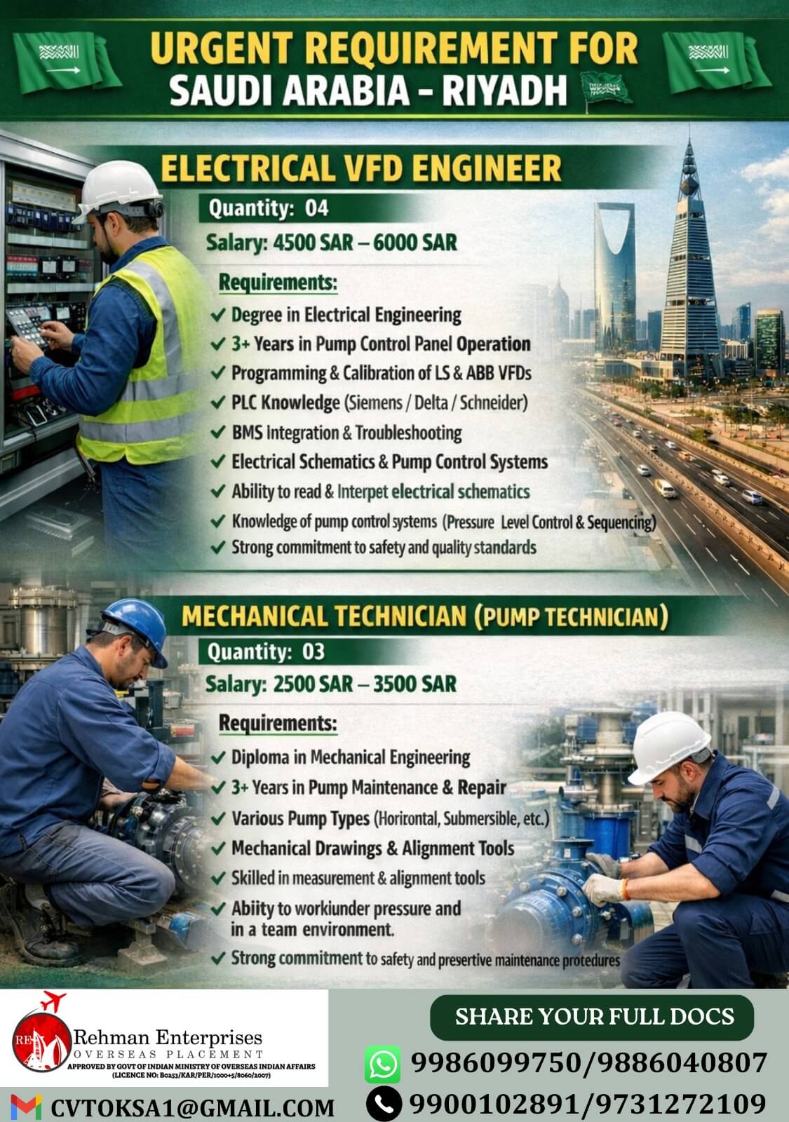 URGENT REQUIREMENT FOR SAUDI ARABIA-RIYADH