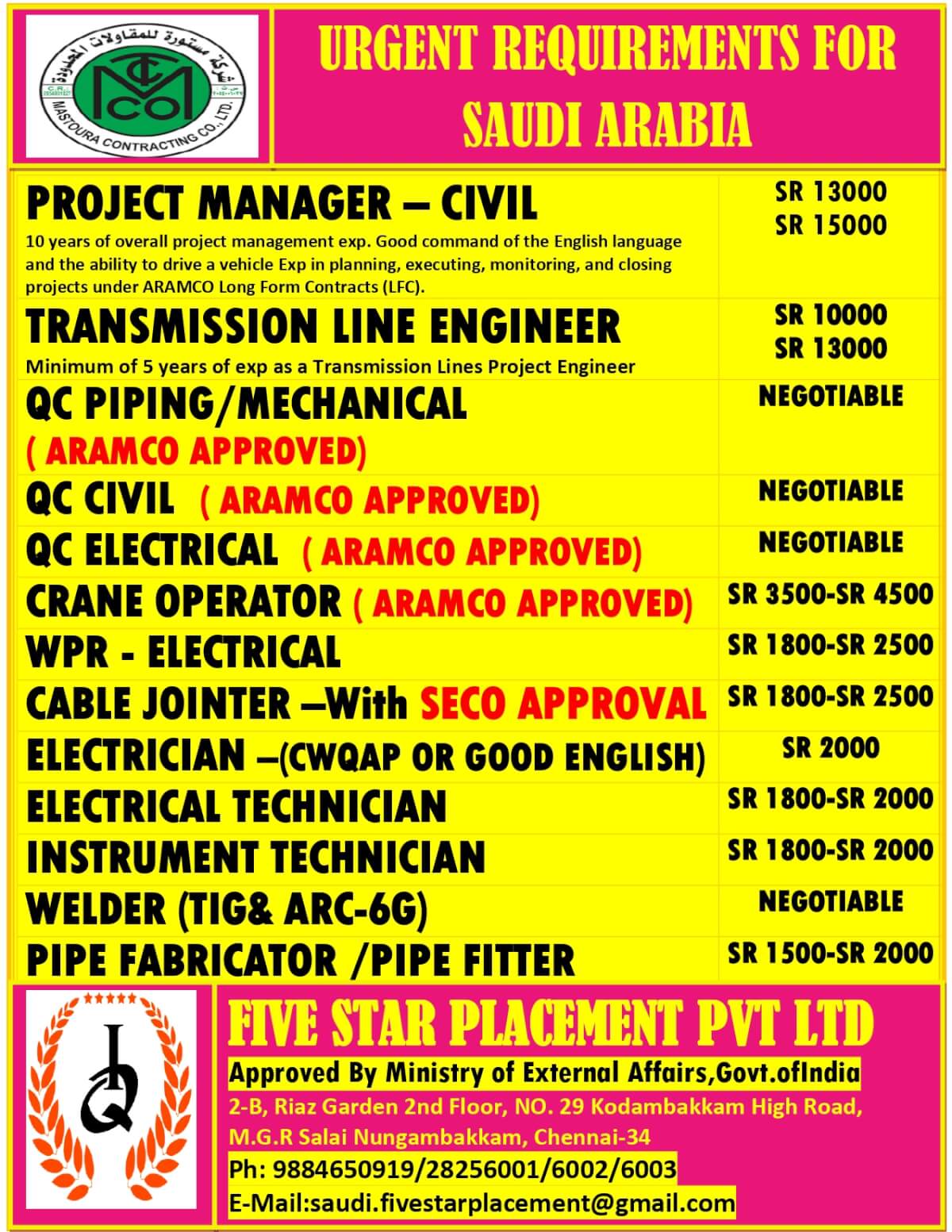 URGENT REQUIREMENT FOR SAUDI ARABIA URGENT REQUIREMENT FOR SAUDI ARABIA