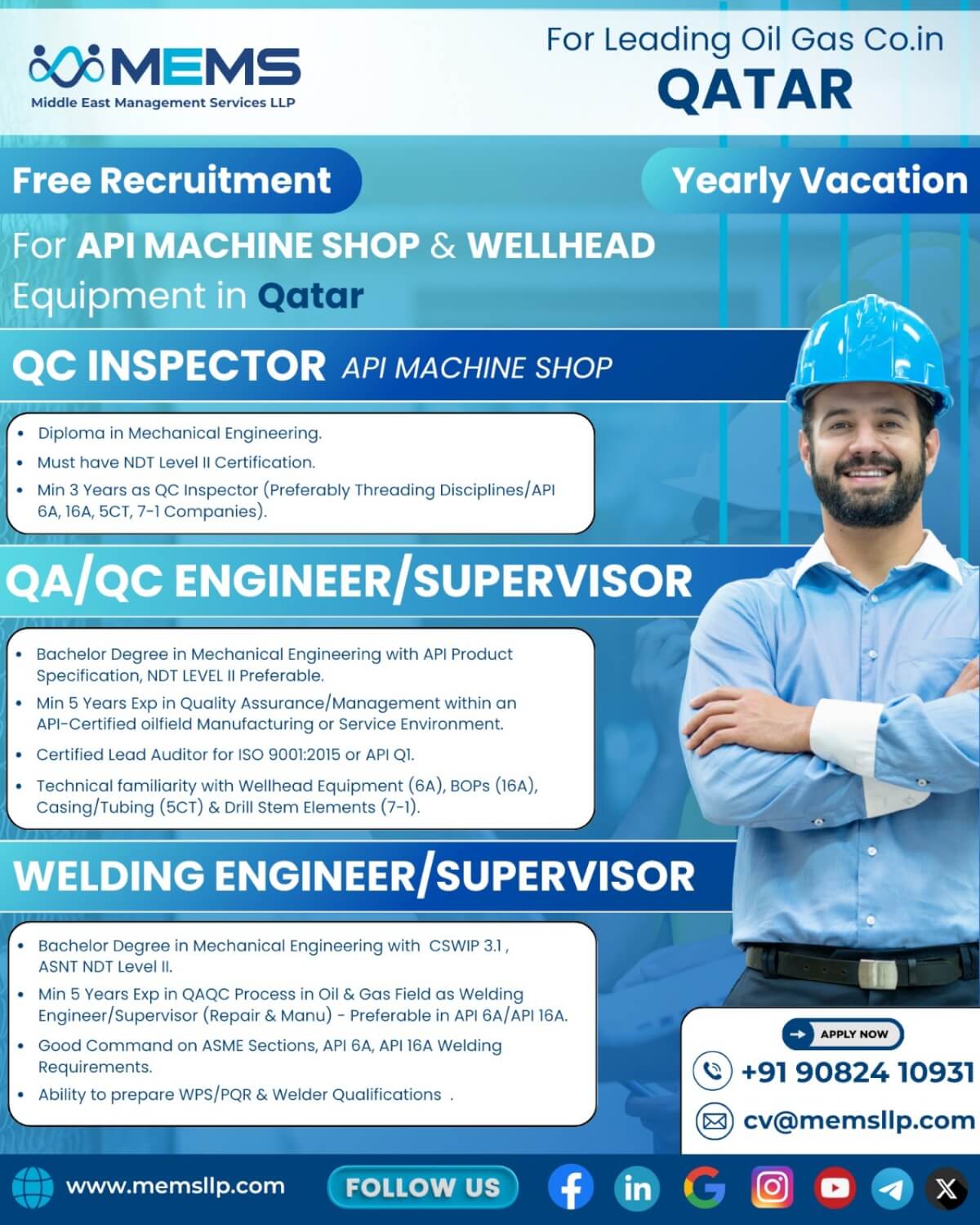 We are hiring for API Machine Shop & Wellhead Equipment in Qatar We are hiring for API Machine Shop & Wellhead Equipment in Qatar