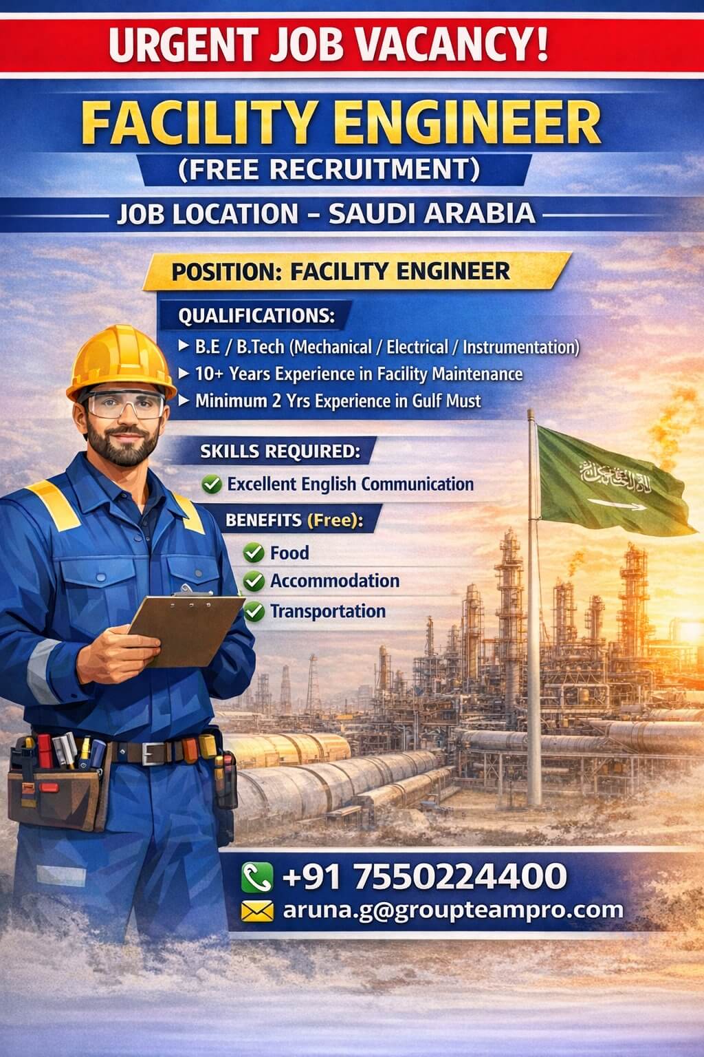 Urgent Hiring | Facility Engineer – Saudi Arabia ?? (Free Recruitment) Urgent Hiring | Facility Engineer – Saudi Arabia ?? (Free Recruitment)