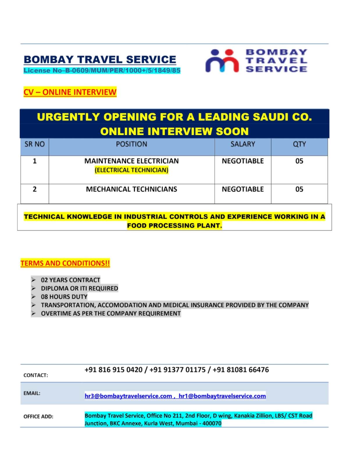 Urgently required for ksa reputed co. Urgently required for ksa reputed co.