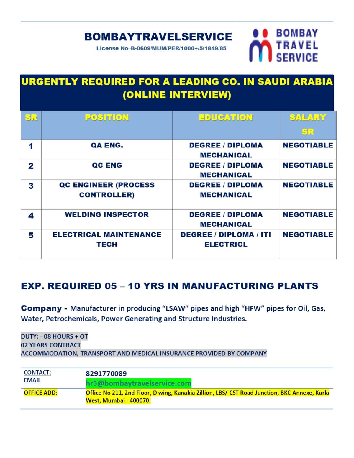 URGENTLY HIRING LEADING PIPE MANUFACTRUING CO SAUDI ARABIA URGENTLY HIRING LEADING PIPE MANUFACTRUING CO SAUDI ARABIA