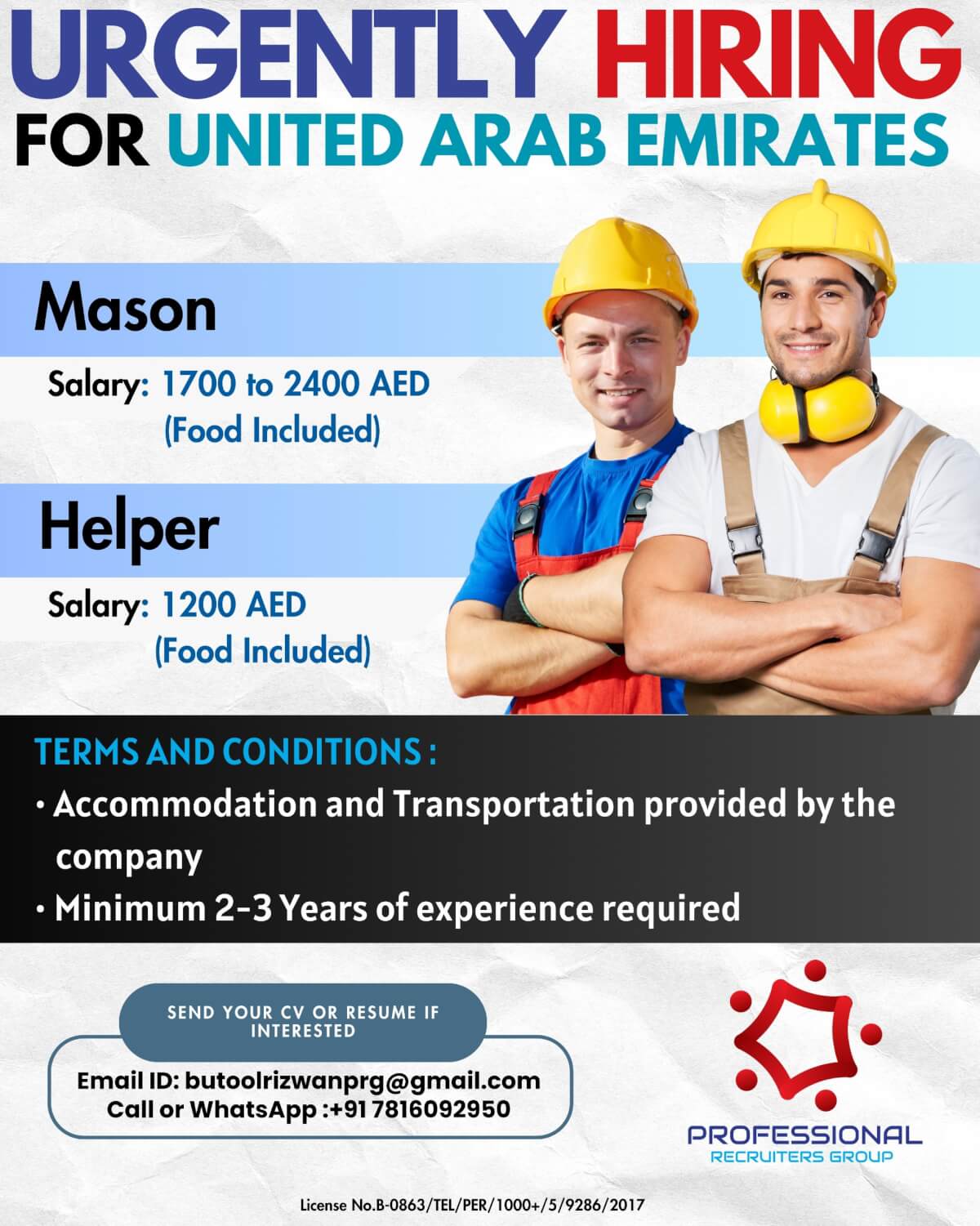 Urgently Hiring - Mason and Helper for UAE