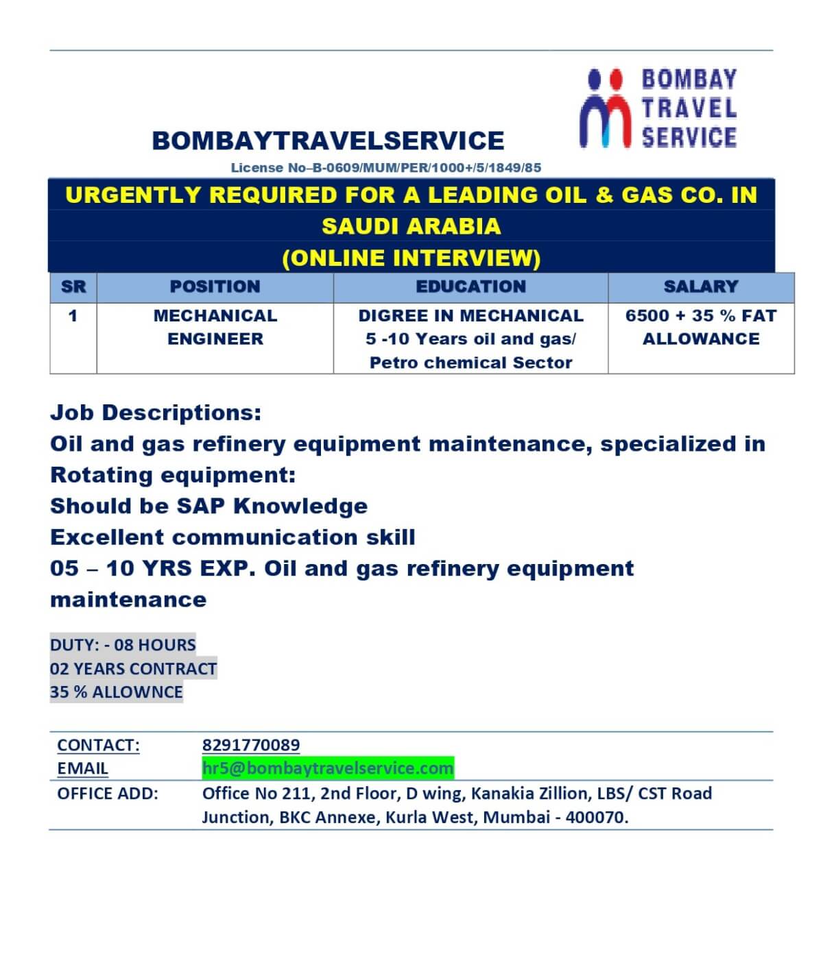 URGNETLY HIRING MECHACNICAL ENGINEER FOR LEADING CO. SAUDI ARABIA