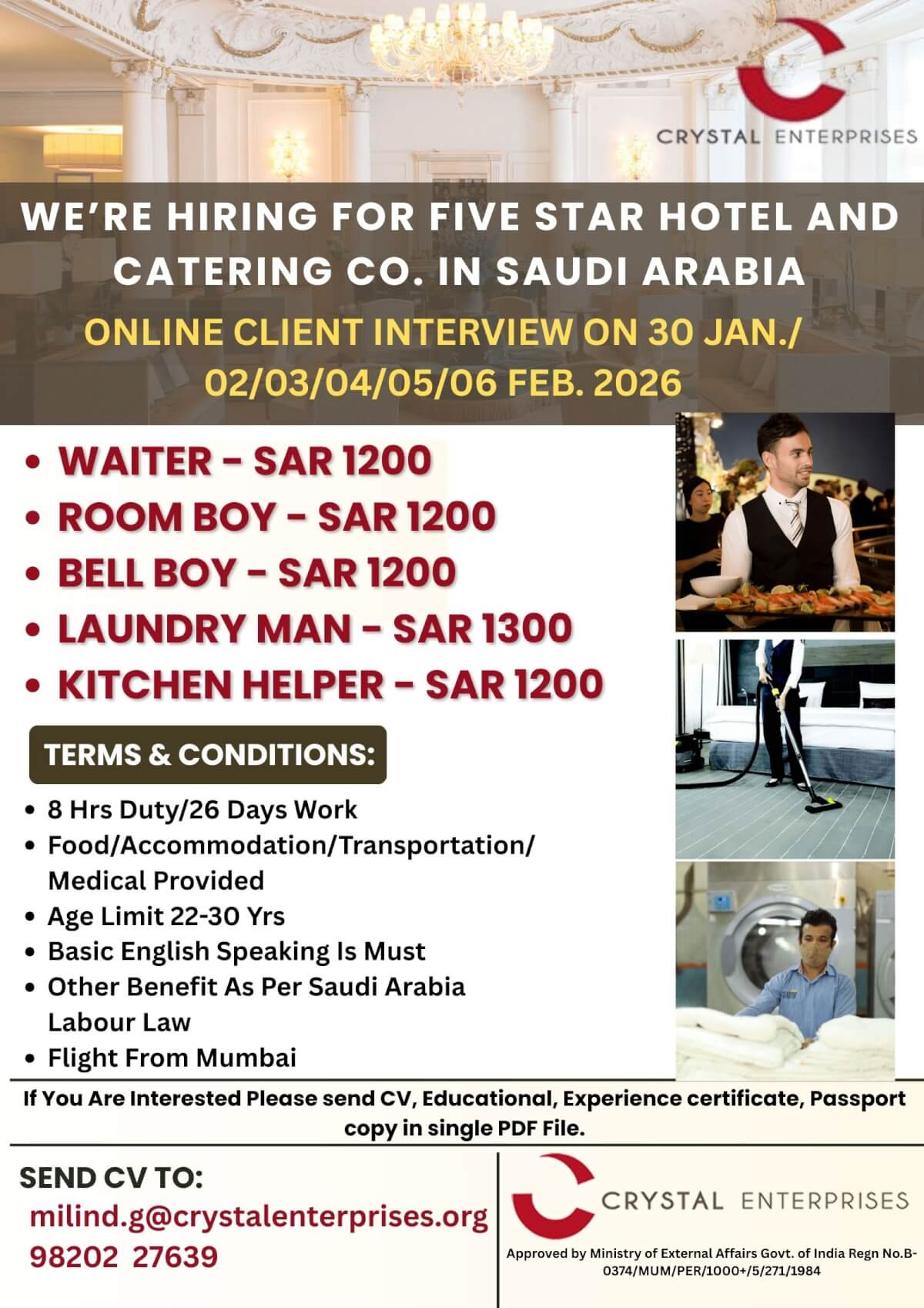 WE ARE HIRING FOR FIVE STAR HOTEL AND CATERING CO. IN SAUDI ARABIA