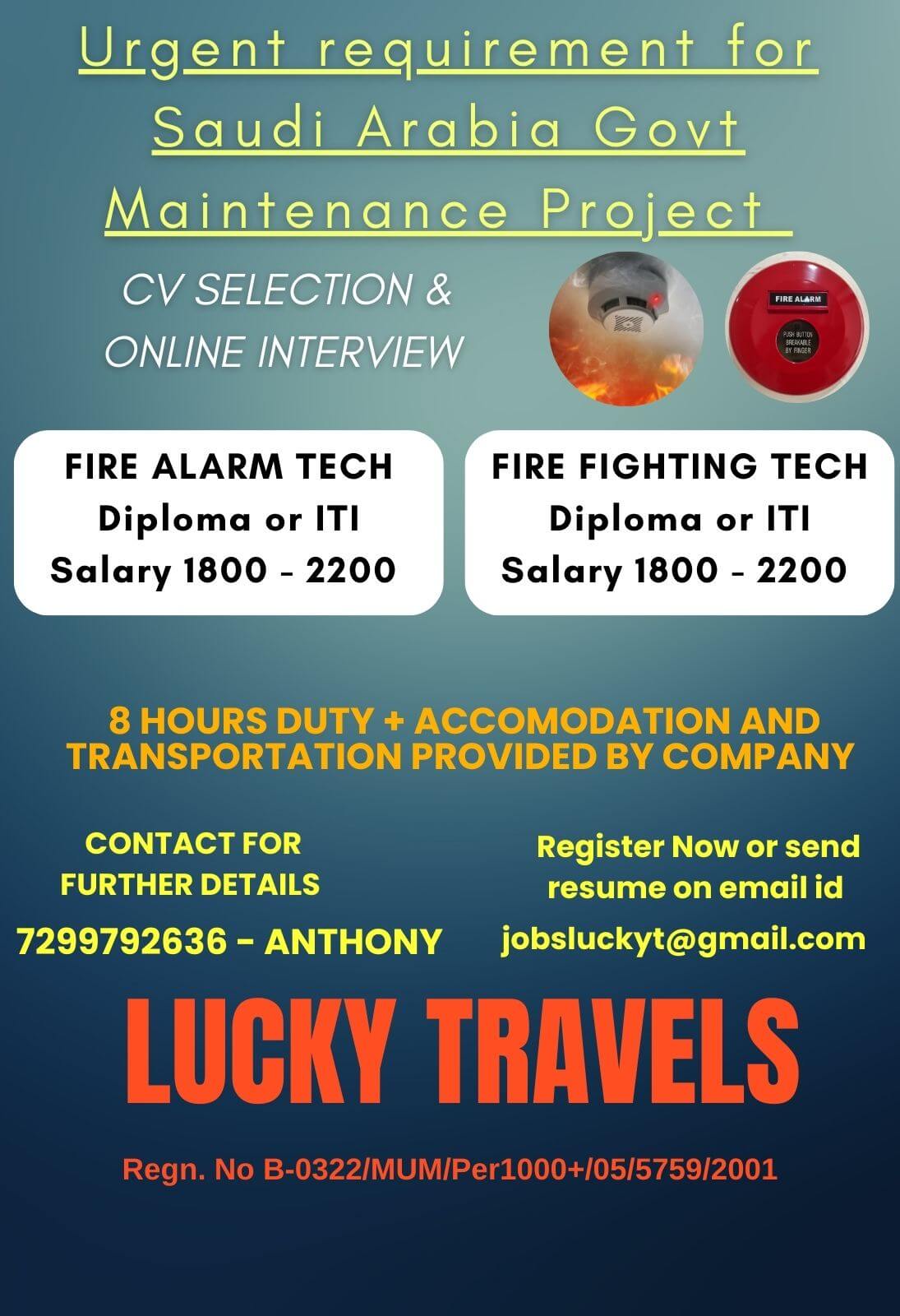 Urgently Required for Government Maintenance Project for Saudi Arabia / CV Selection & ONline interview / contact for further details on 7299792636 Urgently Required for Government Maintenance Project for Saudi Arabia / CV Selection & ONline interview / contact for further details on 7299792636