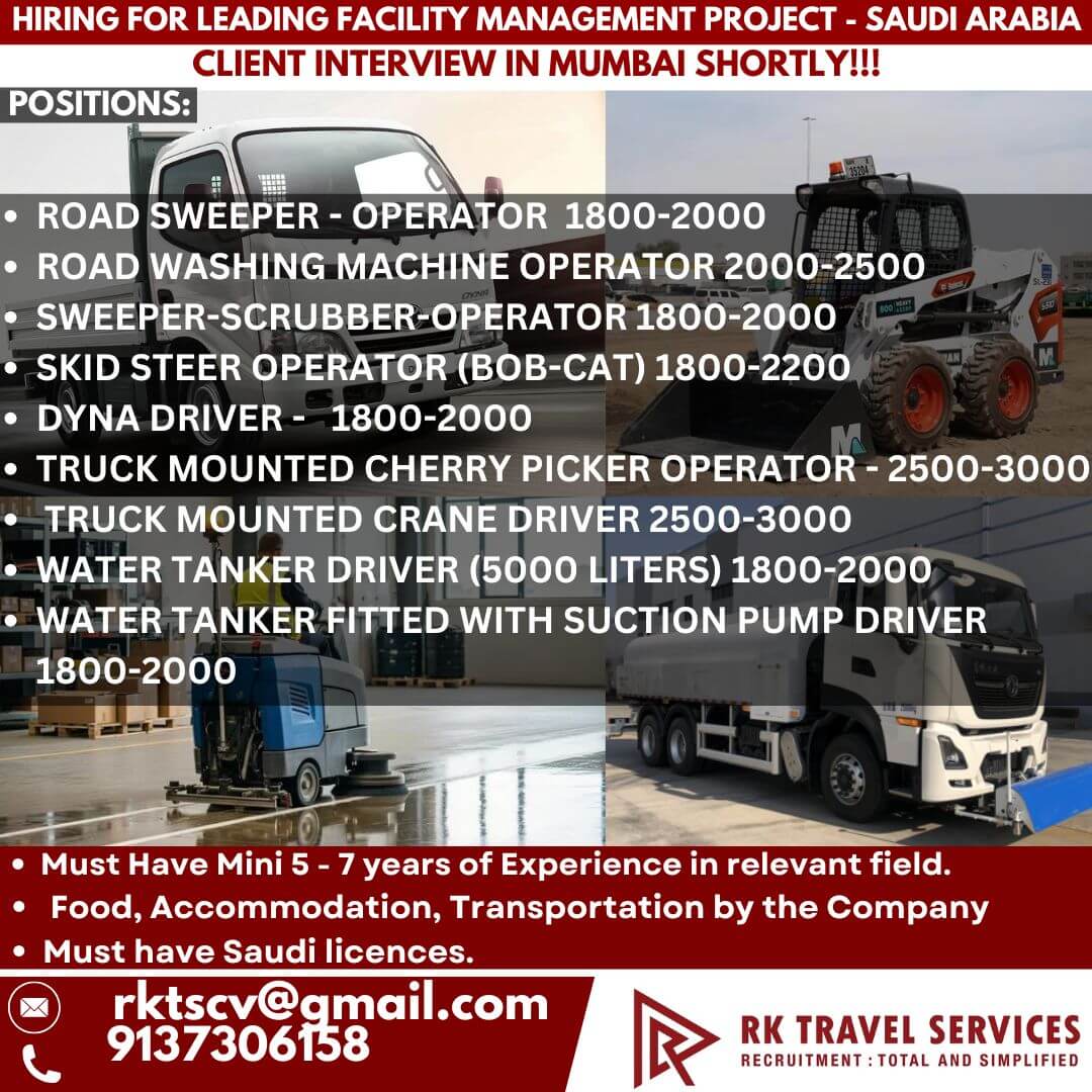 HIRING FOR LEADING FACILITY MANAGEMENT PROJECT - SAUDI ARABIA CLIENT INTERVIEW IN MUMBAI SHORTLY!!! HIRING FOR LEADING FACILITY MANAGEMENT PROJECT - SAUDI ARABIA CLIENT INTERVIEW IN MUMBAI SHORTLY!!!