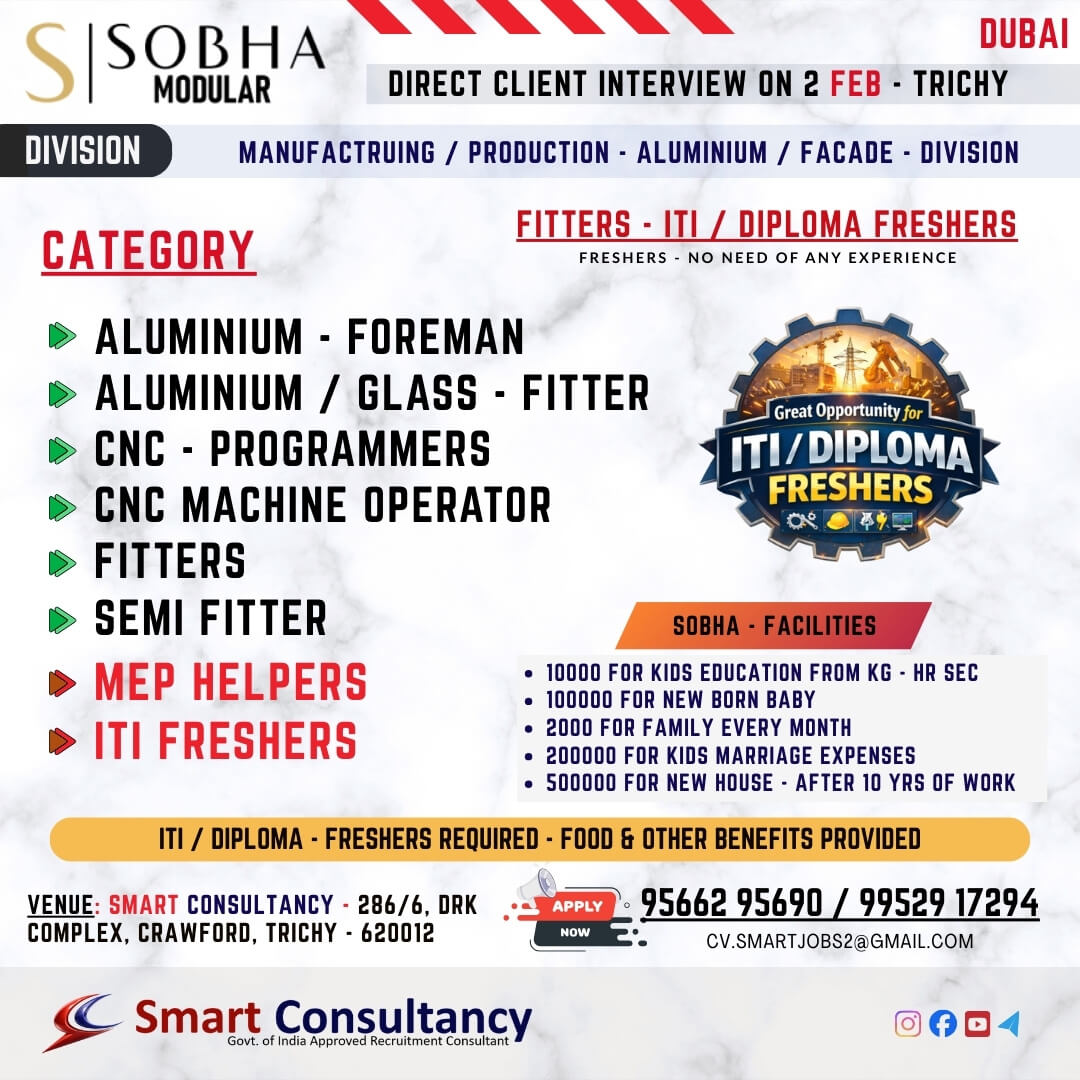 WANTED FOR A LEADING MANUFACTURING COMPANY (DUBAI) DIRECT CLIENT INTERVIEW ON 2 FEB - TRICHY WANTED FOR A LEADING MANUFACTURING COMPANY (DUBAI) DIRECT CLIENT INTERVIEW ON 2 FEB - TRICHY