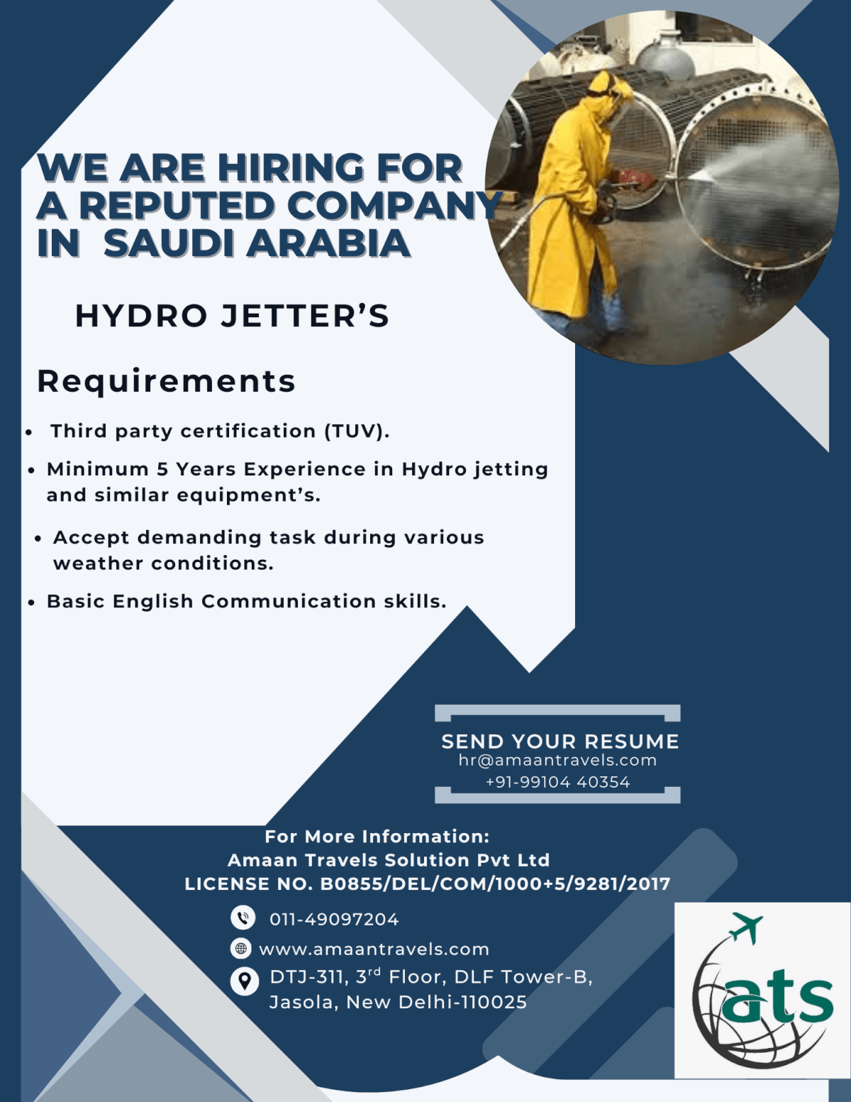HIRING FOR A WELL REPUTED COMPANY IN SAUDI ARABIA (Hydro Jetter’s)