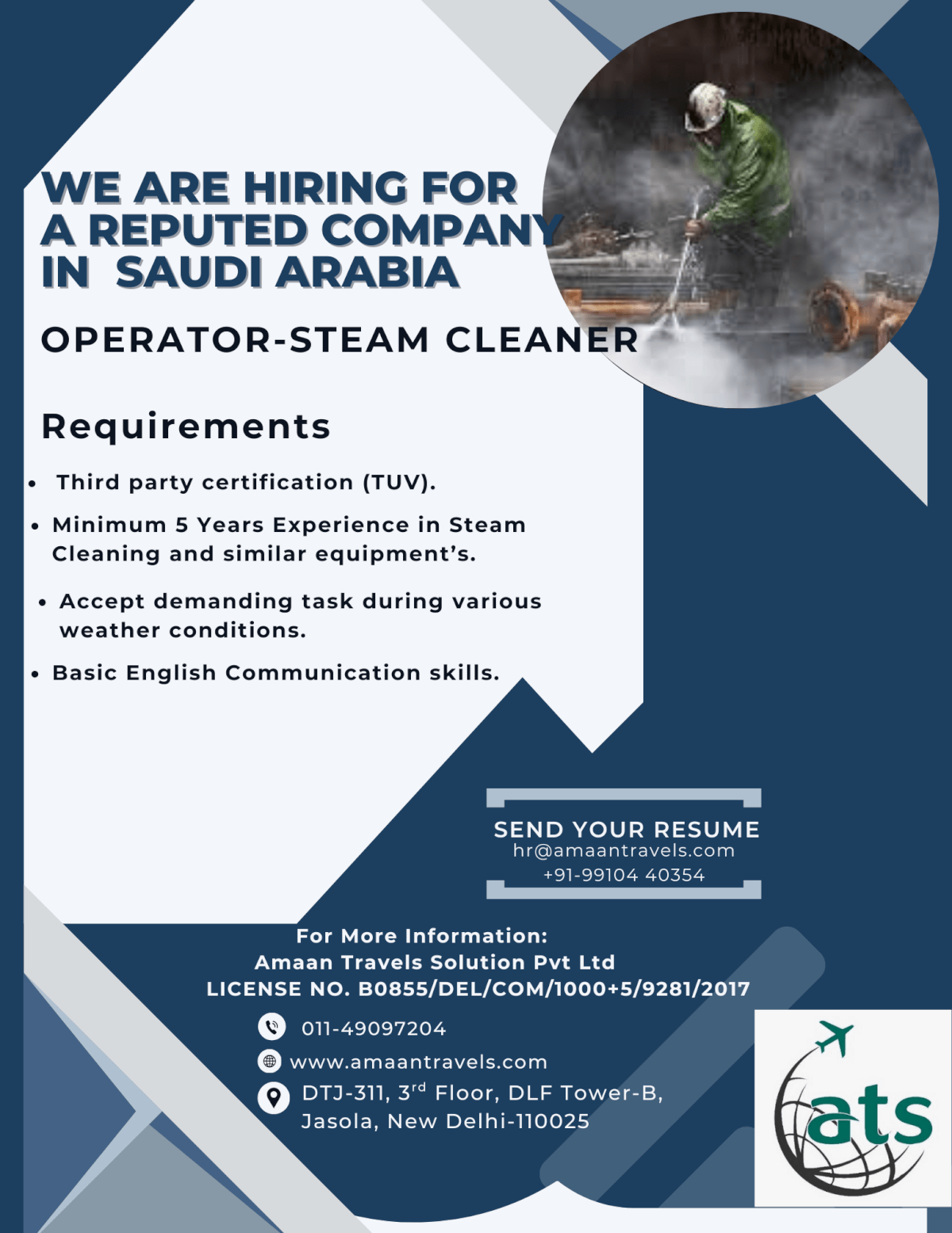 HIRING FOR A WELL REPUTED COMPANY IN SAUDI ARABIA (Operator-Steam Cleaner)