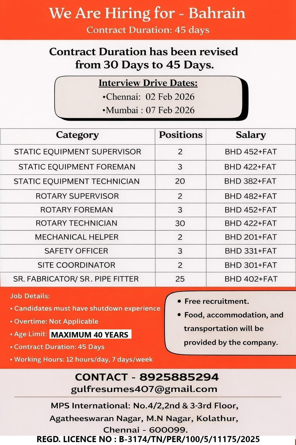 We Are Hiring for – Bahrain Client Interview in Chennai on 02.02.2026 At Mumbai: 07.02.2026 We Are Hiring for – Bahrain Client Interview in Chennai on 02.02.2026 At Mumbai: 07.02.2026