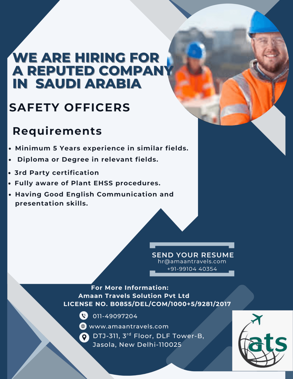 HIRING FOR A WELL REPUTED COMPANY IN SAUDI ARABIA ( Safety Officers)