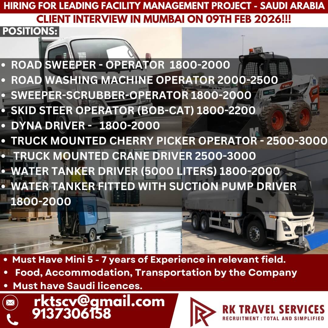 HIRING FOR LEADING FACILITY MANAGEMENT PROJECT - SAUDI ARABIA CLIENT INTERVIEW IN MUMBAI ON 09TH FEB 2026!!! HIRING FOR LEADING FACILITY MANAGEMENT PROJECT - SAUDI ARABIA CLIENT INTERVIEW IN MUMBAI ON 09TH FEB 2026!!!