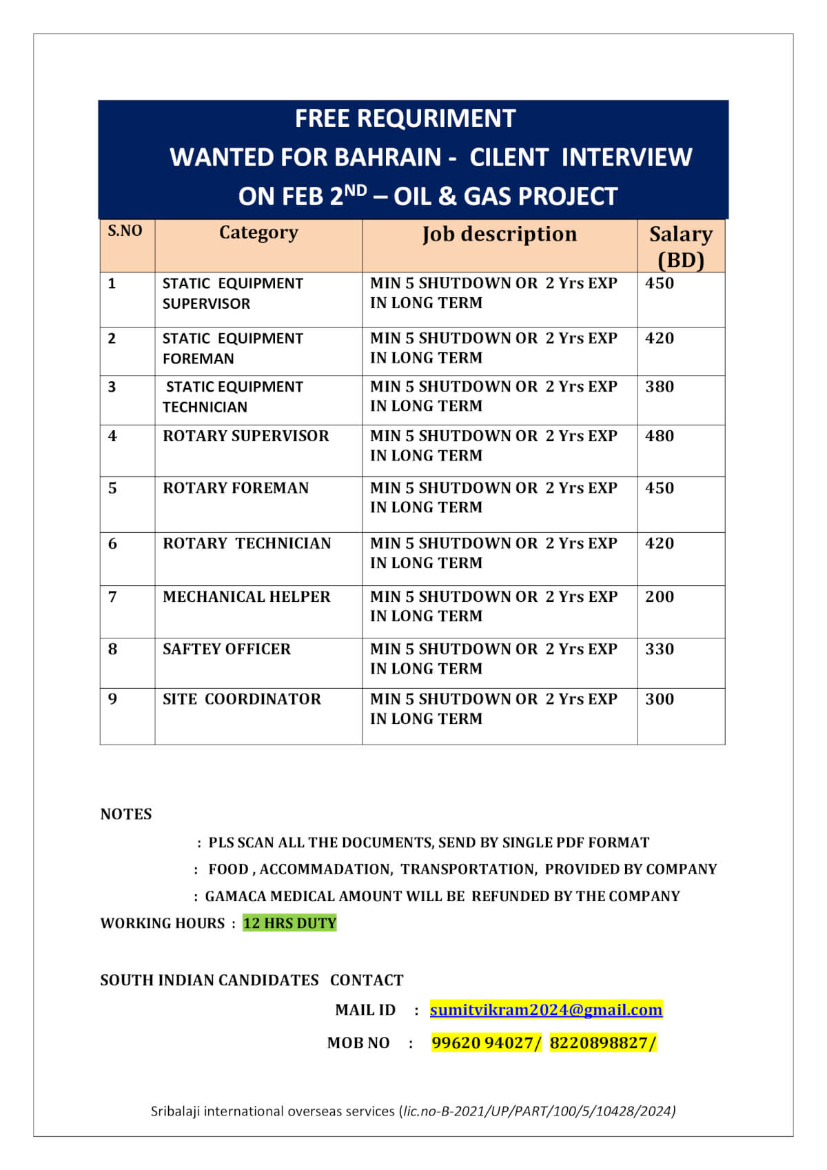 WANTED FOR BAHRAIN-CILENT INTERVIEW(OIL&GAS PROJECT) WANTED FOR BAHRAIN-CILENT INTERVIEW(OIL&GAS PROJECT)