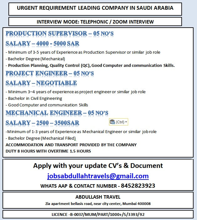 URGENT REQUIREMENT LEADING COMPANY IN SAUDI ARABIA