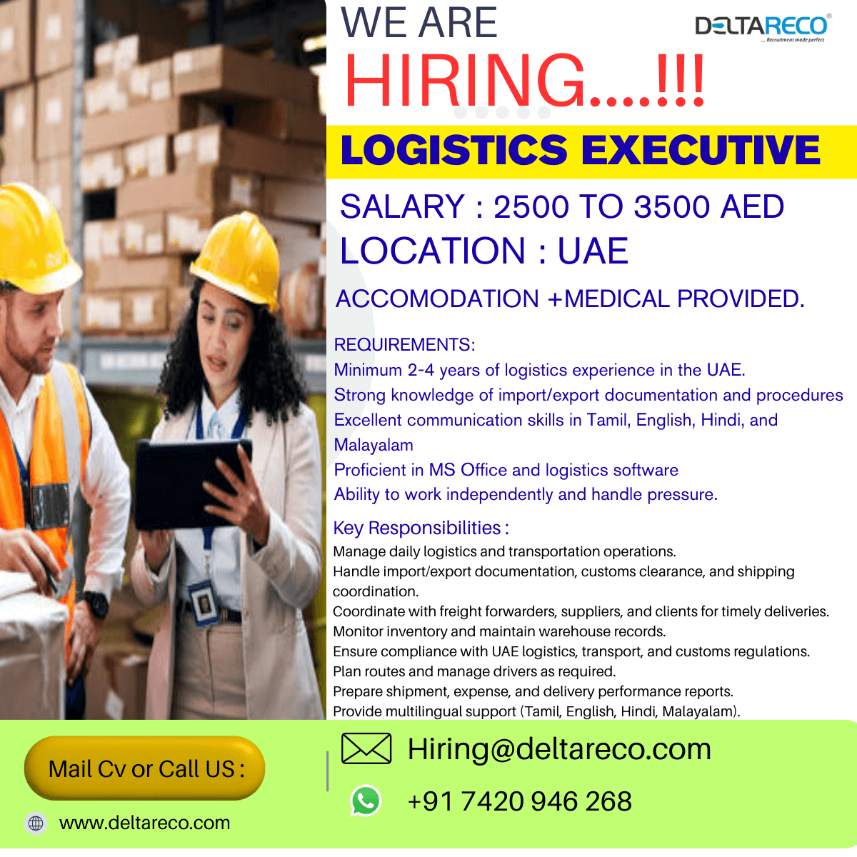 Hiring Logistics Executive for UAE Hiring Logistics Executive for UAE