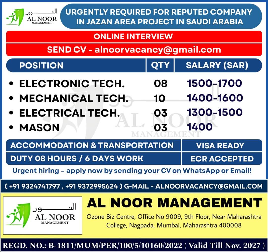 URGENTLY REQUIRED FOR REPUTED COMPANY IN SAUDI ARABIA