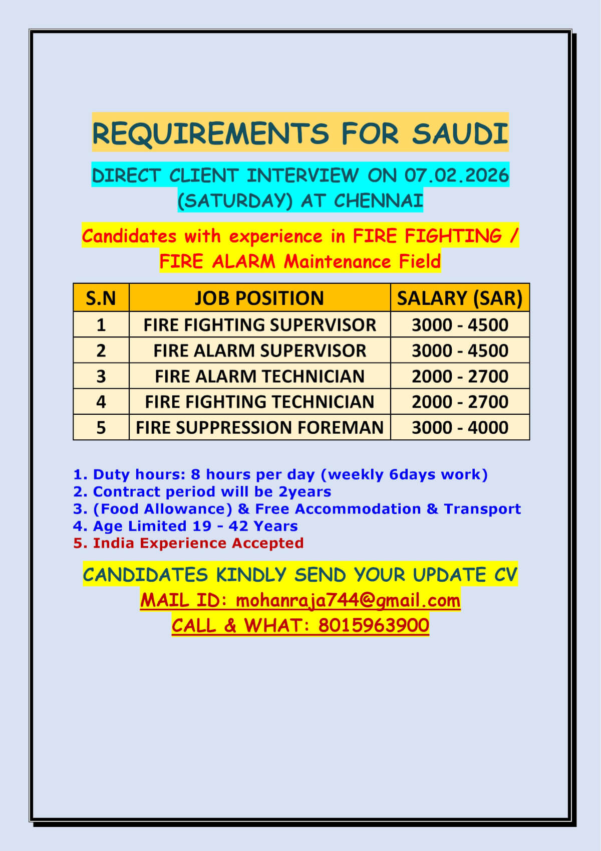 REQUIREMENTS FOR SAUDI  -   DIRECT CLIENT INTERVIEW ON 07.02.2026 (SATURDAY) AT CHENNAI
