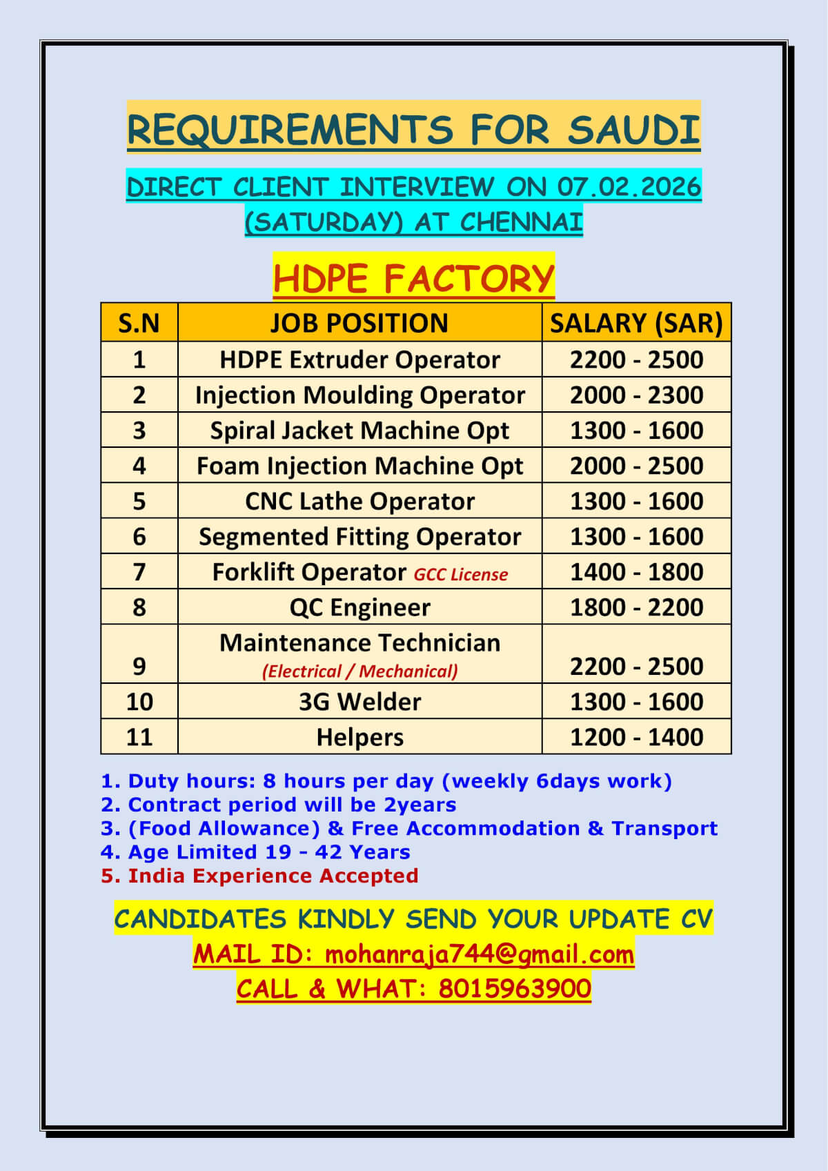 REQUIREMENTS FOR SAUDI  - DIRECT CLIENT INTERVIEW ON 07.02.2026 (SATURDAY) AT CHENNAI