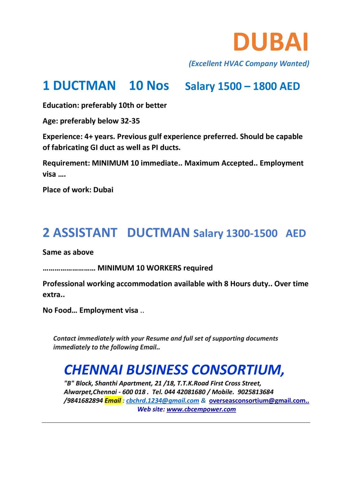 DUCT MAN & ASST DUCTMAN DUCT MAN & ASST DUCTMAN