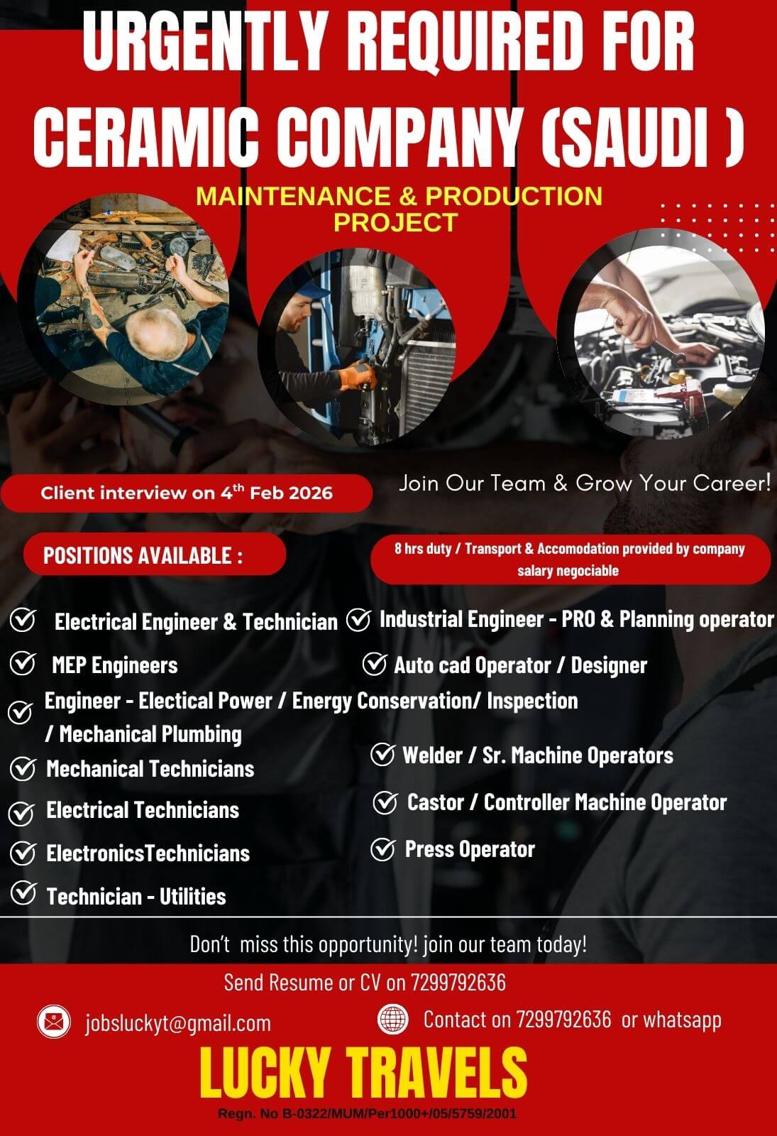 Urgent Required for Ceramic Company @Saudi / Client interview on 4h Feb 2026 / Contact on 7299792636 or whatsapp