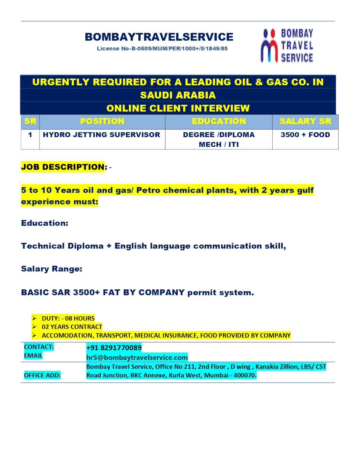 URGENTLY HIRING FOR LEADING OIL& GAS CO. SAUDI ARABIA