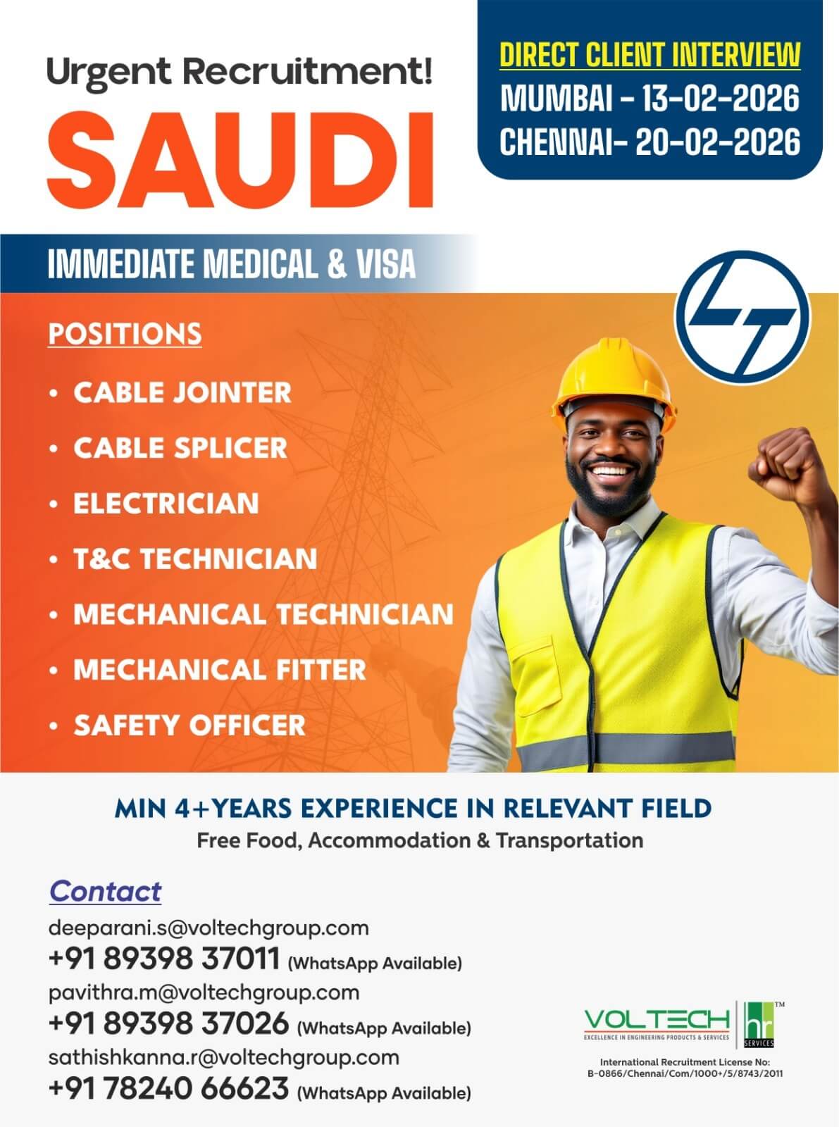 Urgent Requirement for Safety officer /Electrician / Cable Jointer @ Saudi Arabia
