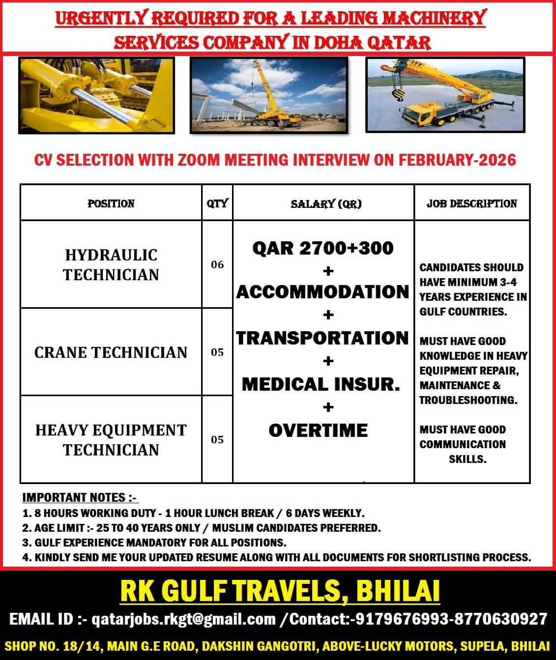HIRING FOR A LEADING CRANE OPERATION COMPANY - DOHA (QATAR) HIRING FOR A LEADING CRANE OPERATION COMPANY - DOHA (QATAR)