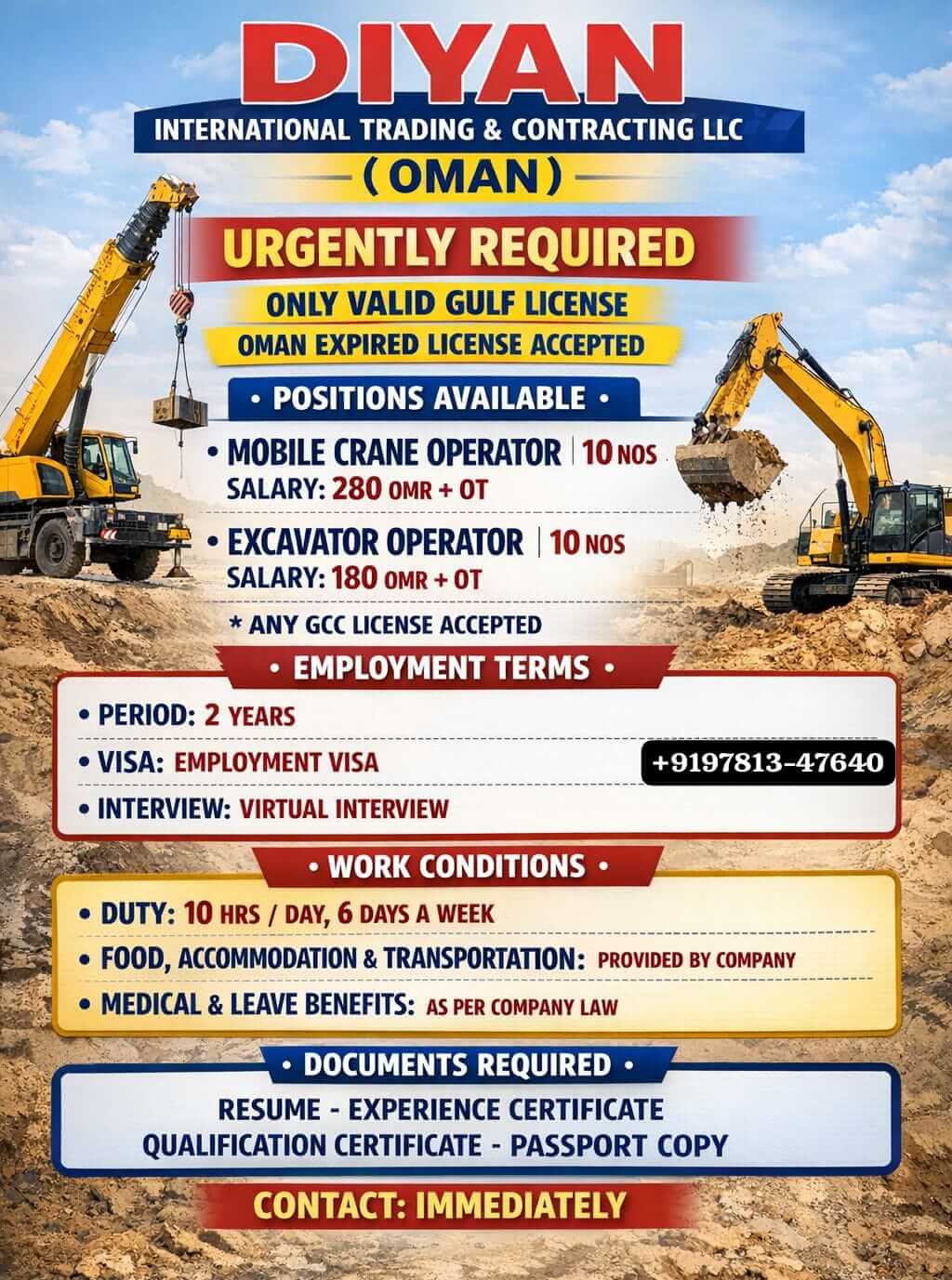 Urgent requirement for CRANE OPERATOR & Excavator operator Urgent requirement for CRANE OPERATOR & Excavator operator