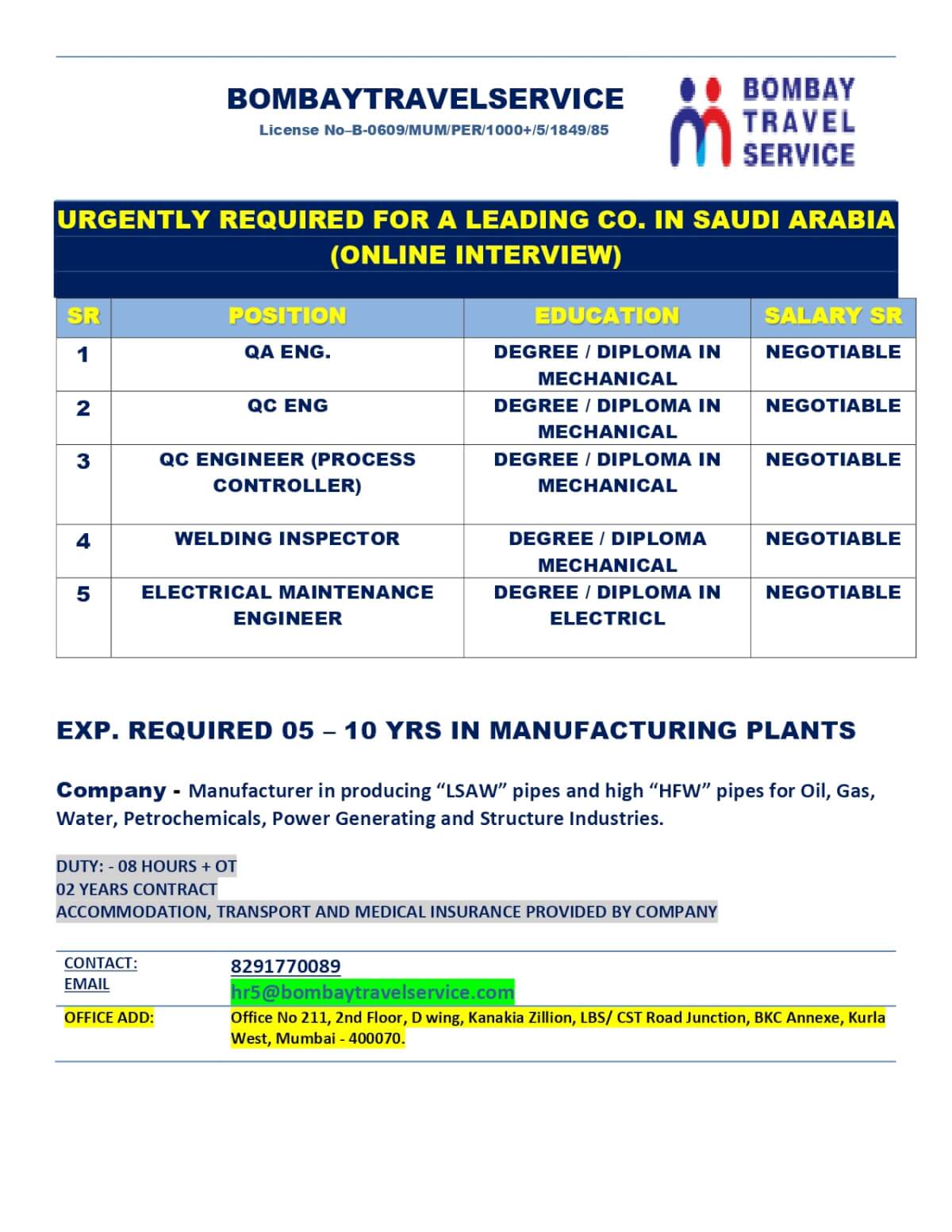 URGENTLY HIIRNG FOR LEADING MANUFACTURING CO, SAUDI ARABIA