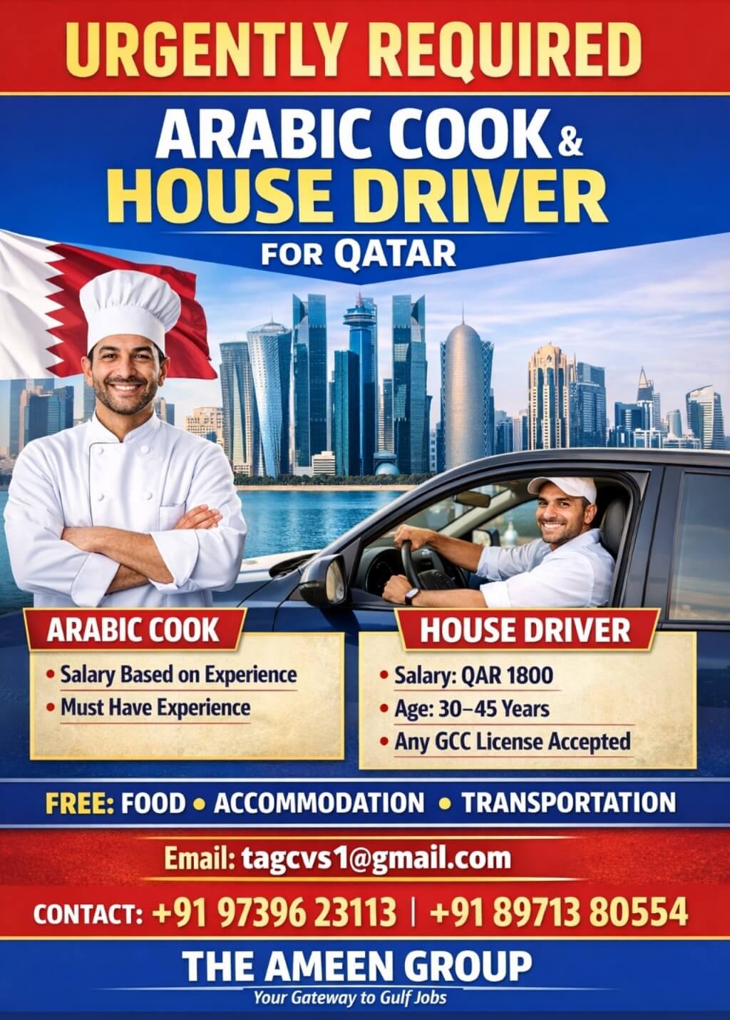 Urgently Required – Arabic Cook | House Driver – Qatar