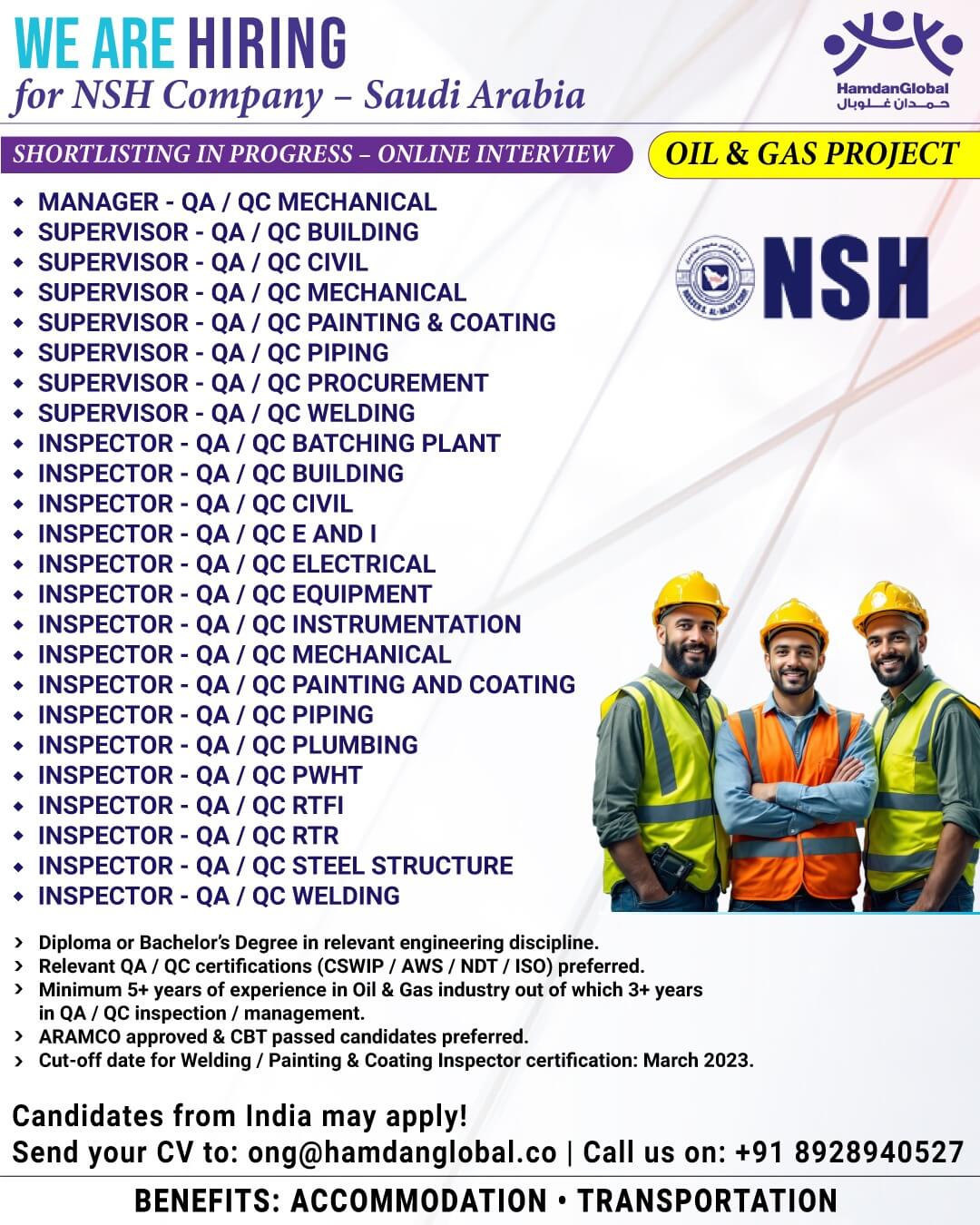 WE ARE HIRING FOR NSH COMPANY | OIL & GAS PROJECT – SAUDI ARABIA