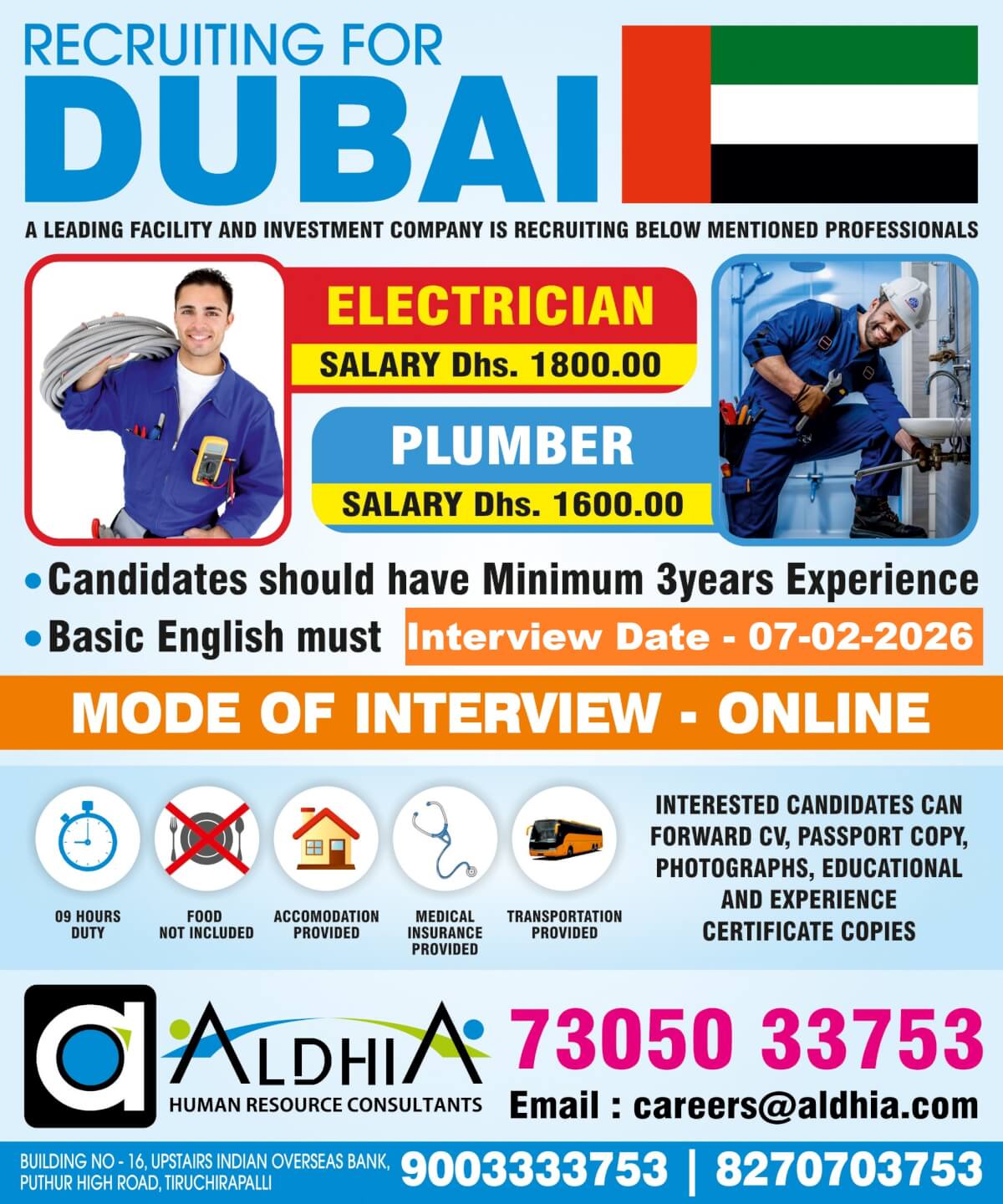 Online Interview - Dubai - Technician & Helper Online Interview - Dubai - Technician & Helper