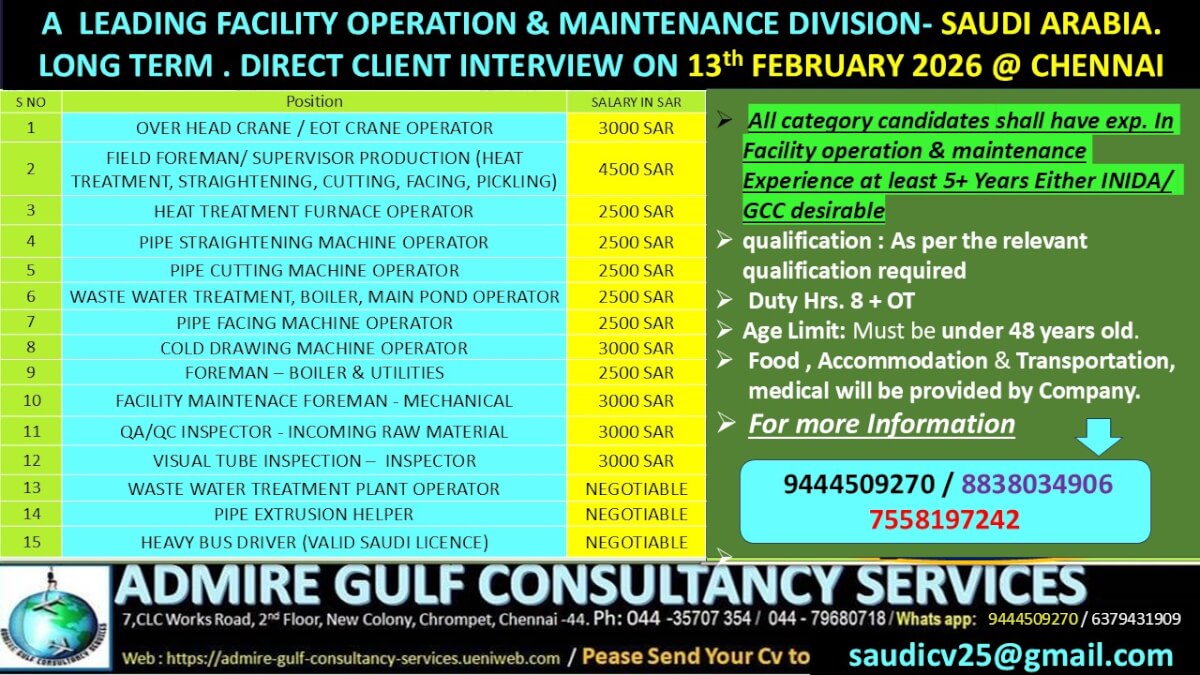 A  LEADING FACILITY OPERATION & MAINTENANCE -DIVISION - SAUDI ARABIA- LONG TERM . DIRECT CLIENT INTERIVIEW ON 13th FEBRUARY 2026 @ CHENNAI