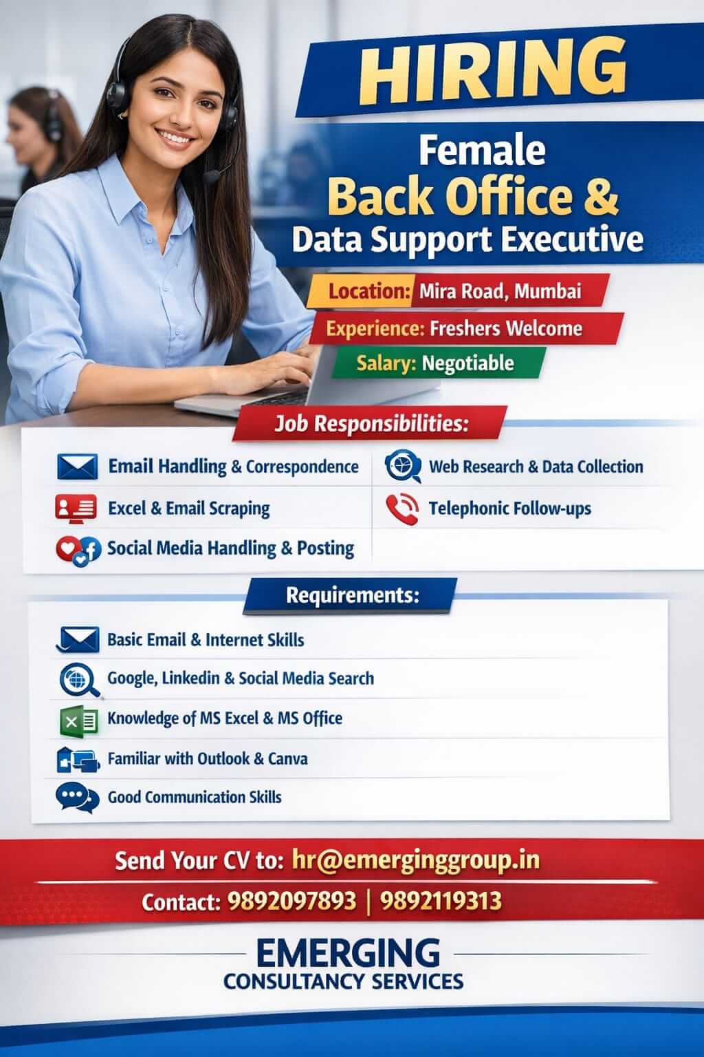 URGENTLY REQUIRED STAFF Female Back Office & Data Support Executive FOR MUMBAI